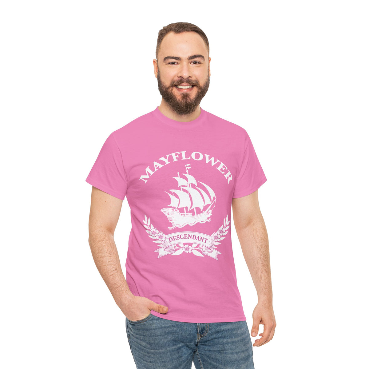 Mayflower Descendant Tee with Vintage Ship and Banner