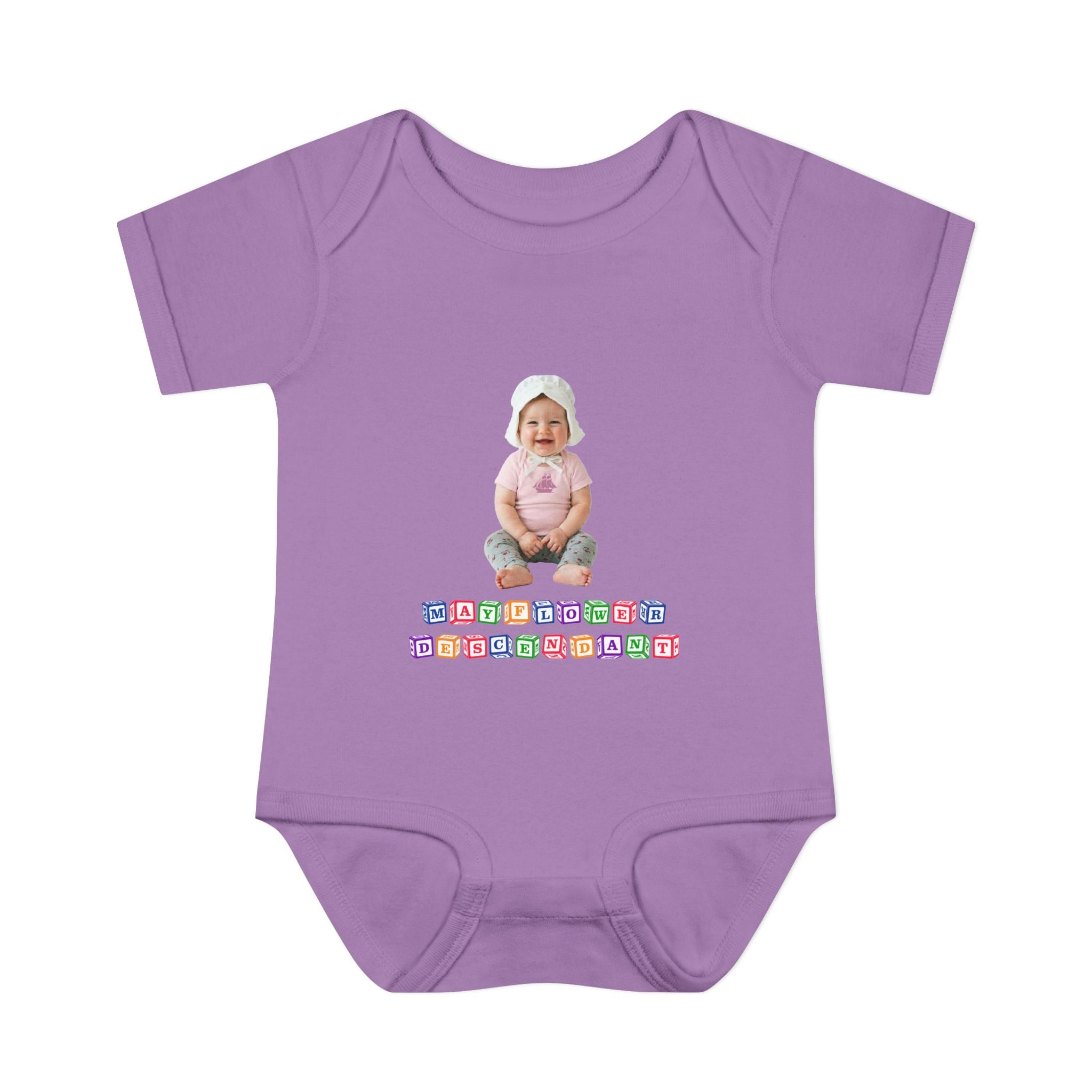 Mayflower Descendant Bodysuit for Baby Girls — Alphabet Blocks Motif