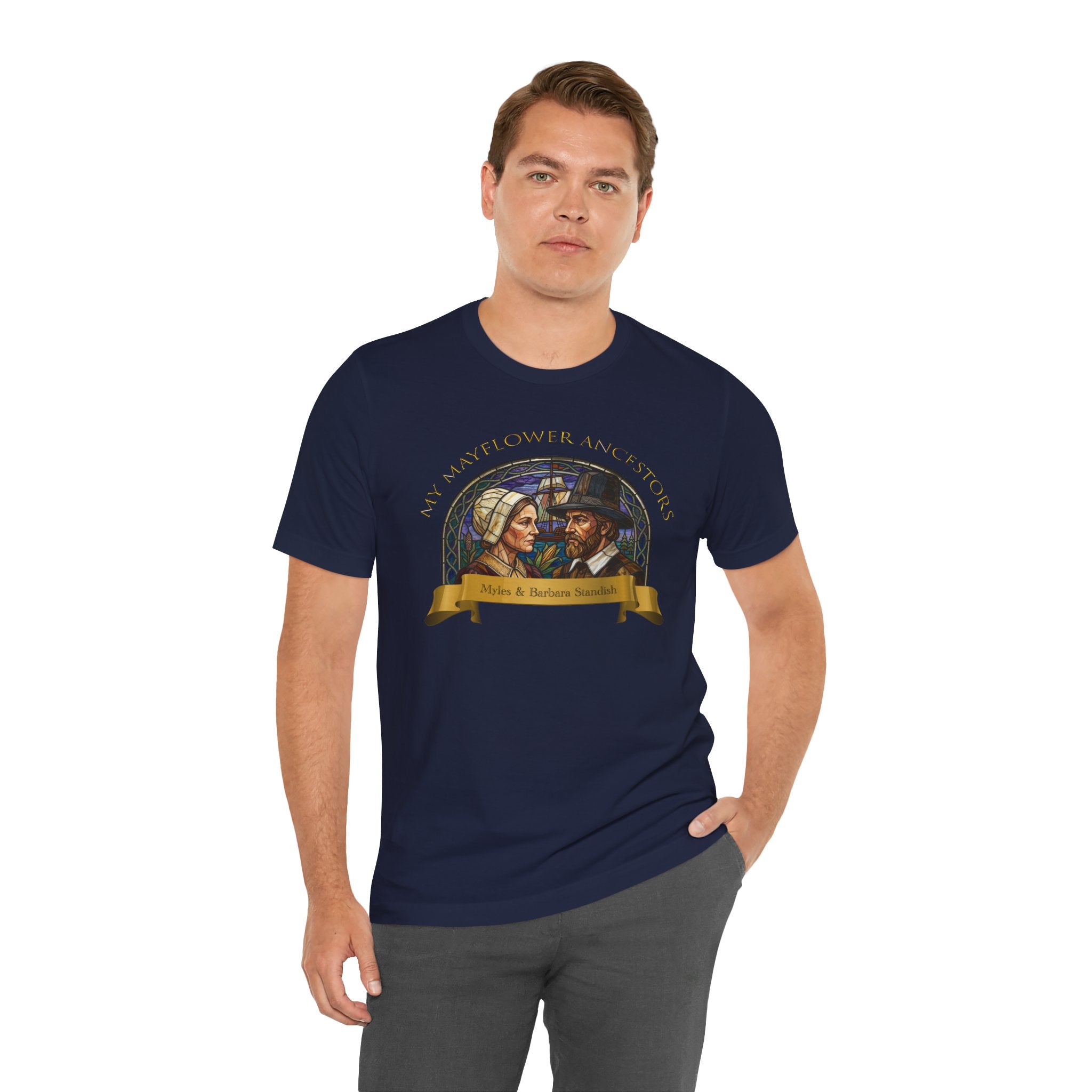Mayflower Pilgrim “Stained Glass” Tee — Myles and Barbara Standish