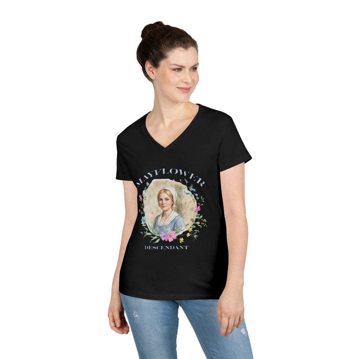 "Mayflower Maiden" Portrait V-Neck Tee - Extra Large Sizes