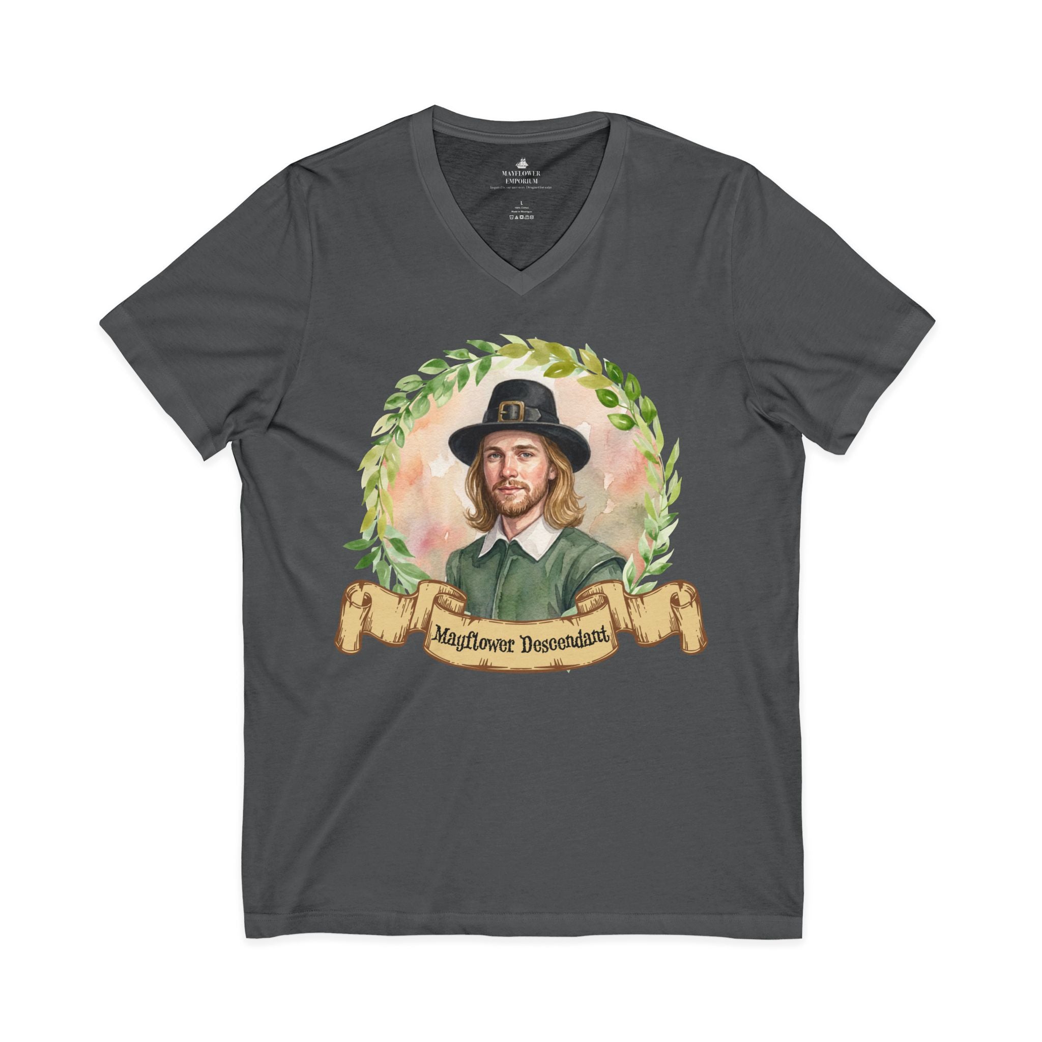Young Mayflower Pilgrim Portrait V-Neck Tee