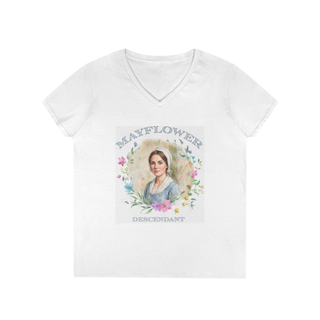 "Mayflower Maiden" Brunette Portrait V-Neck Tee - Extra Large Sizes