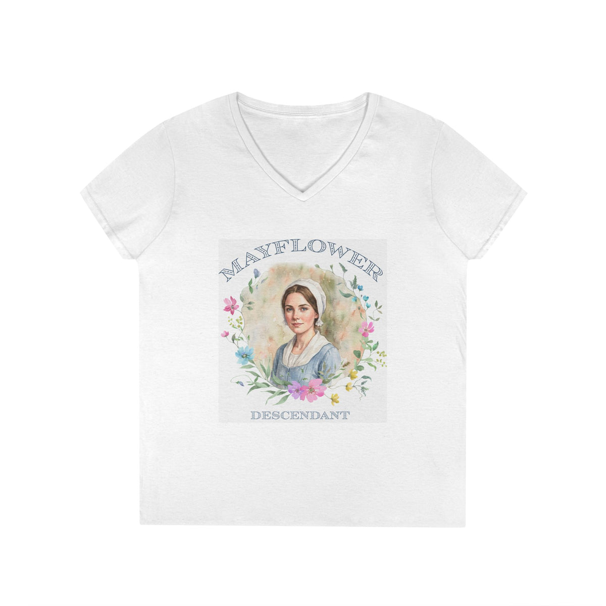 "Mayflower Maiden" Brunette Portrait V-Neck Tee - Extra Large Sizes