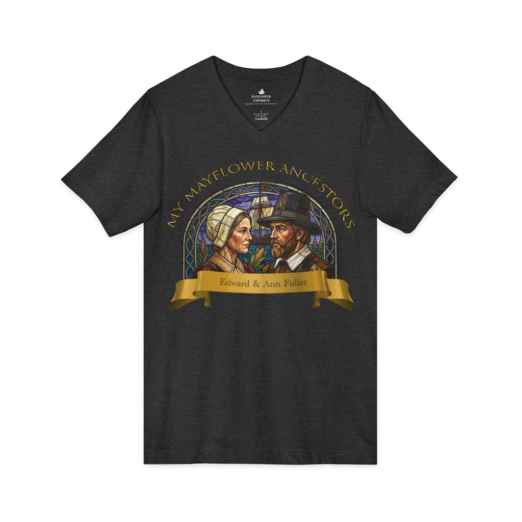 Mayflower Ancestors V-Neck Tee — Fuller Pilgrim Couple Shirt