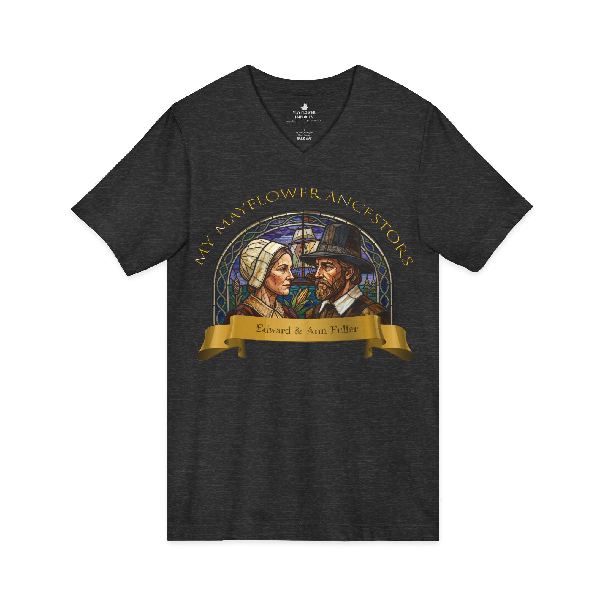 Mayflower Ancestors V-Neck Tee — Fuller Pilgrim Couple Shirt