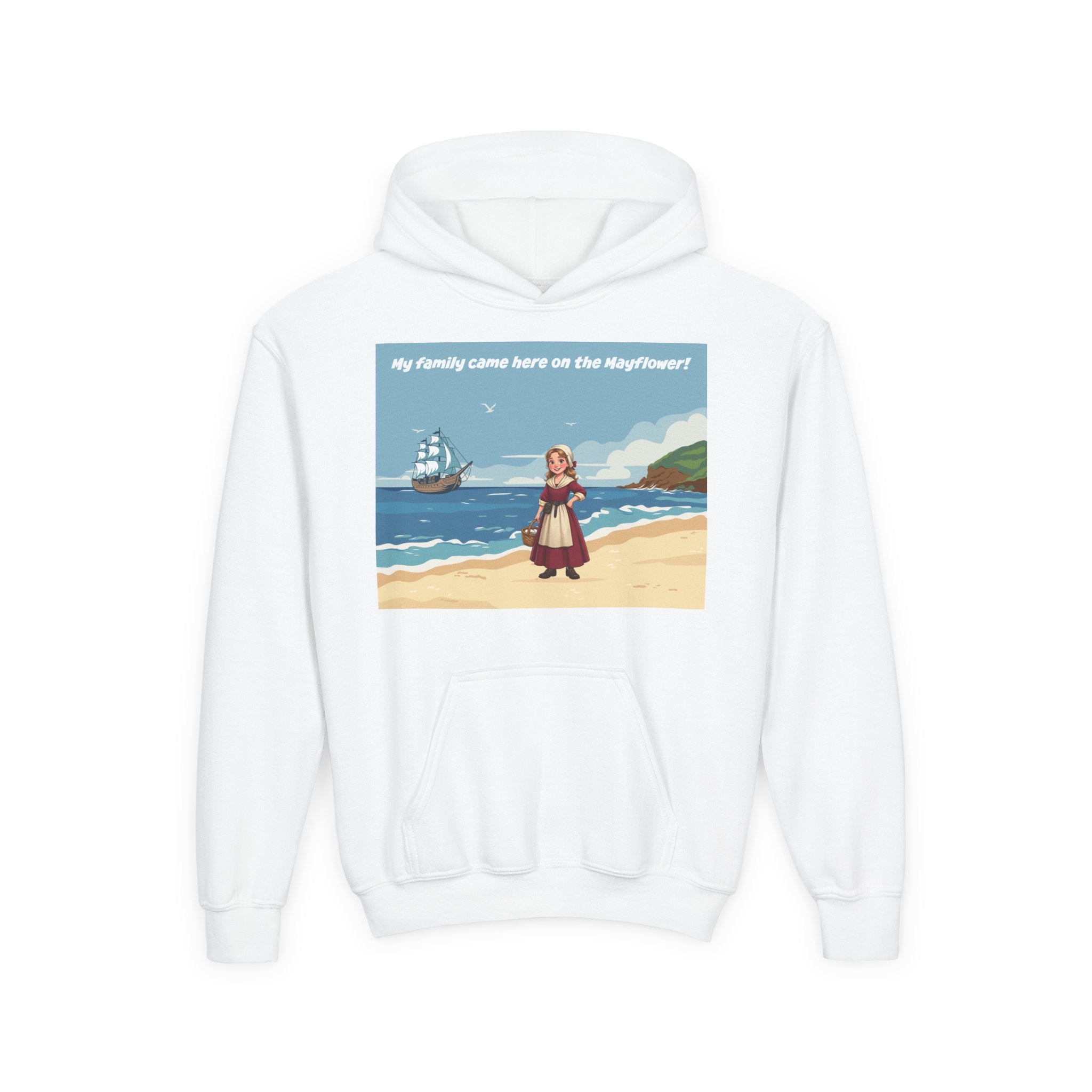 Youth Mayflower Descendant Hoodie - Pilgrim Girl Illustration