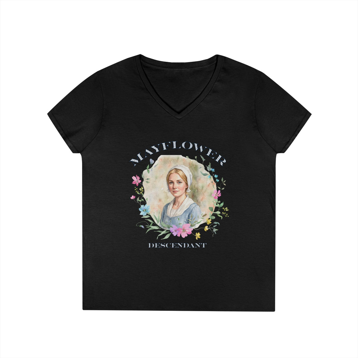 "Mayflower Maiden" Portrait V-Neck Tee - Extra Large Sizes