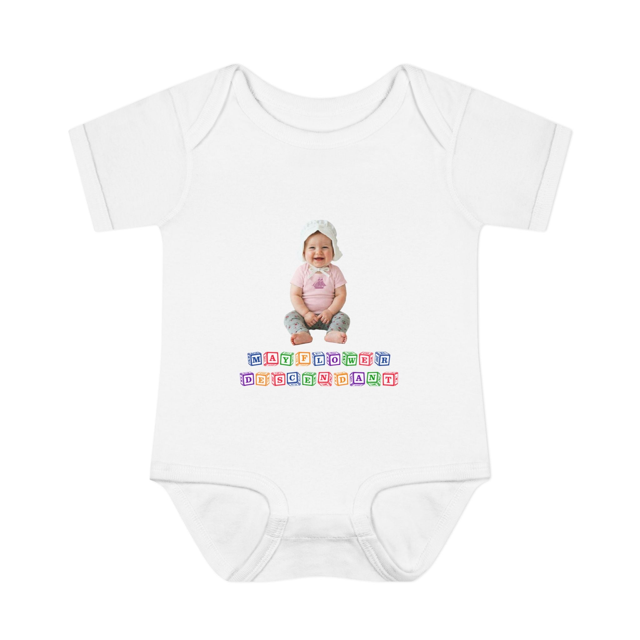 Mayflower Descendant Bodysuit for Baby Girls — Alphabet Blocks Motif