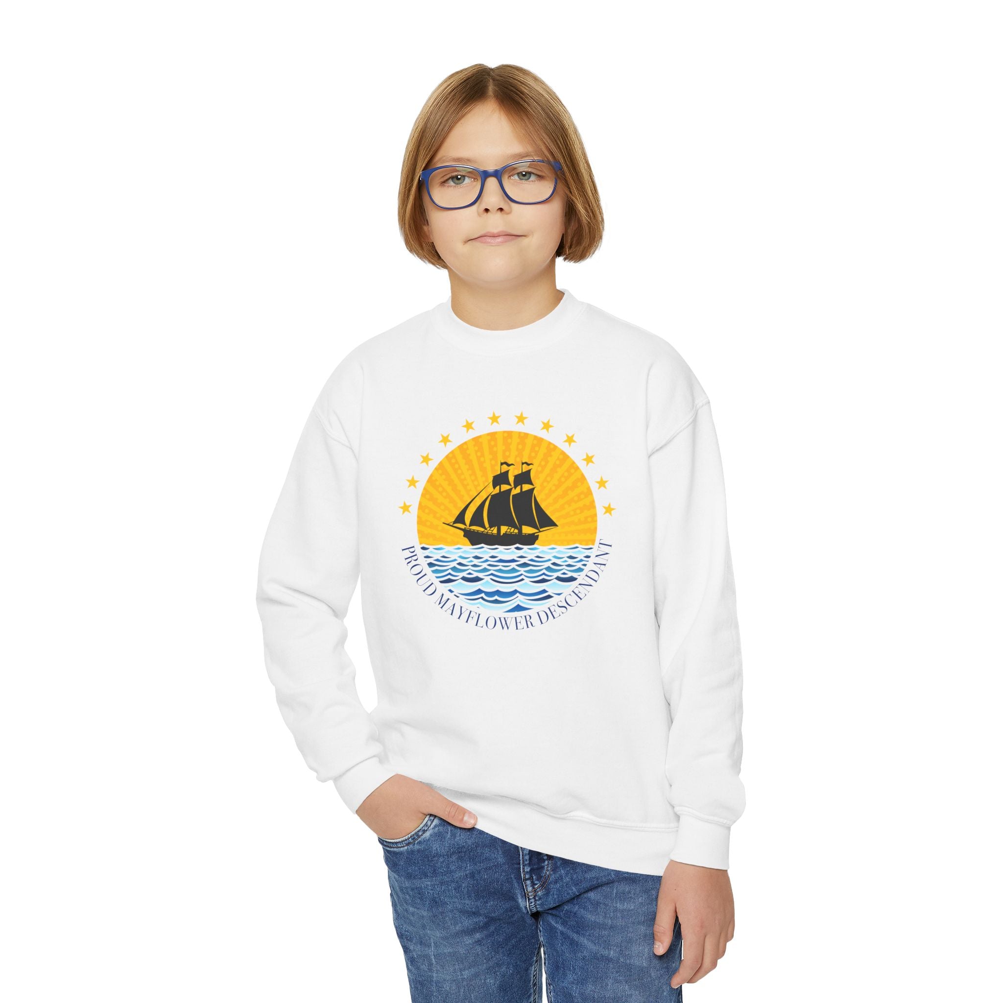 Youth Crewneck Sweatshirt — Proud Mayflower Descendant