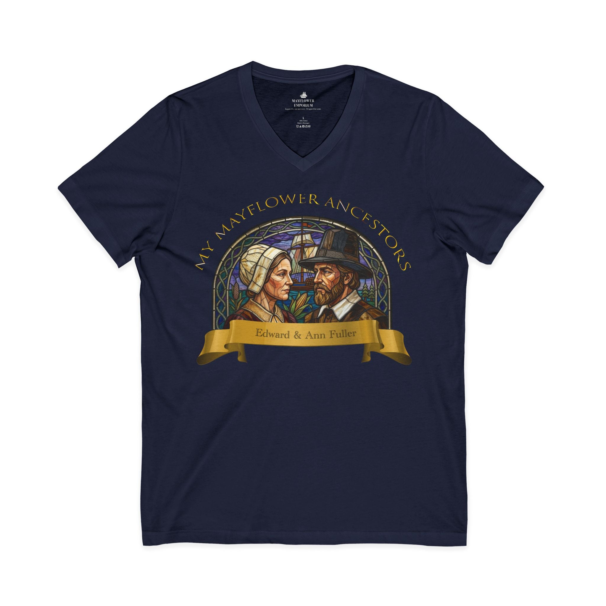 Mayflower Ancestors V-Neck Tee — Fuller Pilgrim Couple Shirt