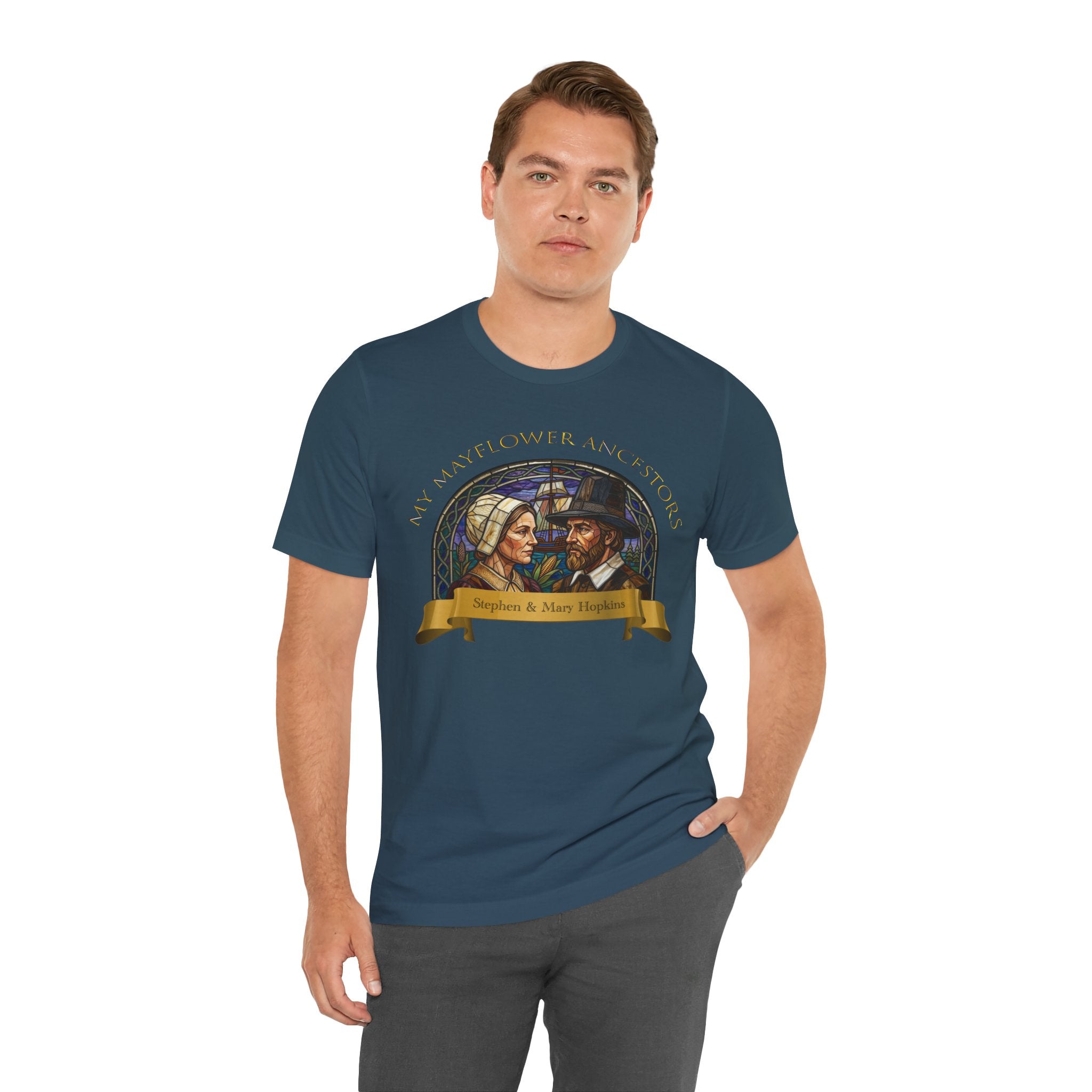 Mayflower Pilgrim “Stained Glass” Tee — Stephen and Mary Hopkins