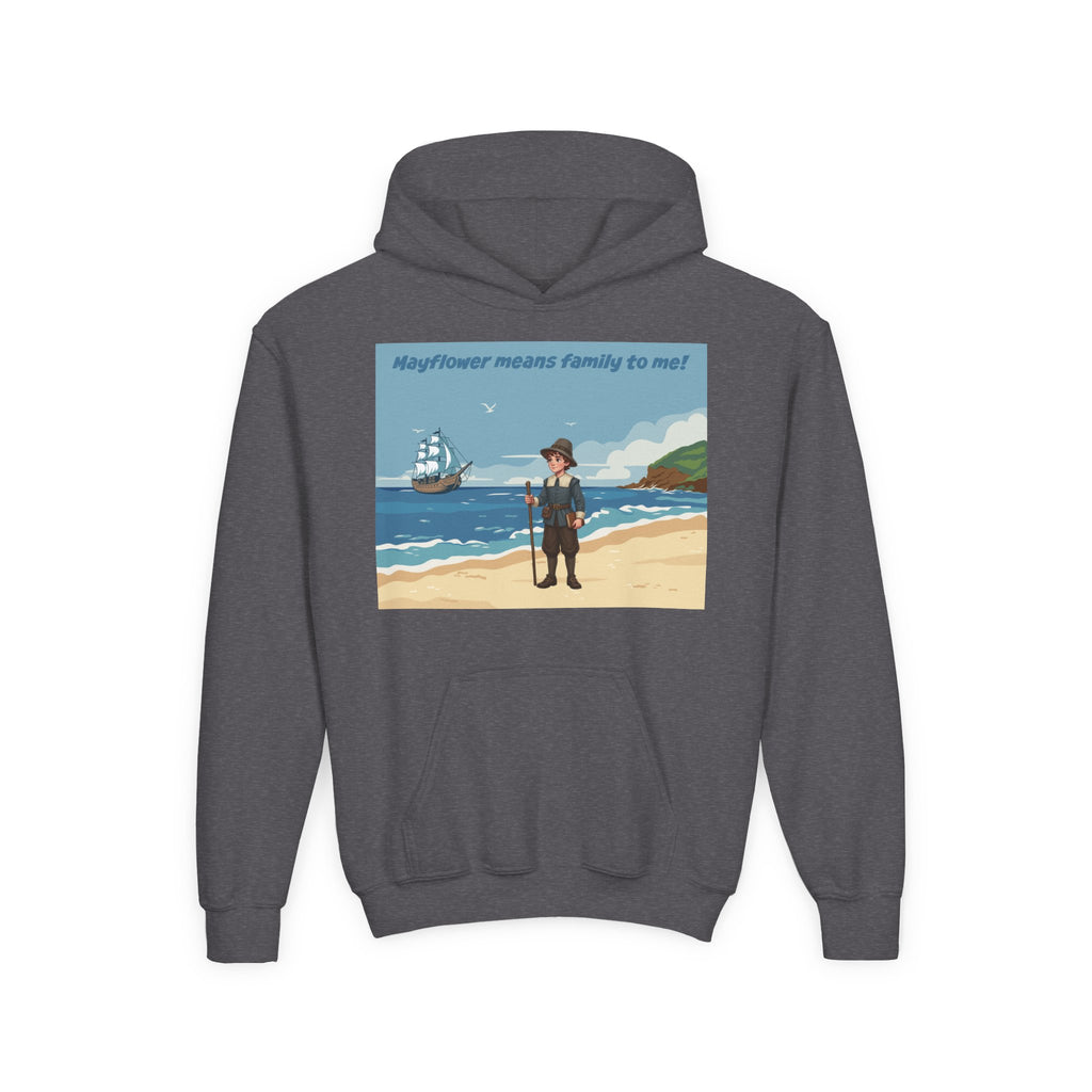 Youth Mayflower Descendant Hoodie - Pilgrim Boy Illustration