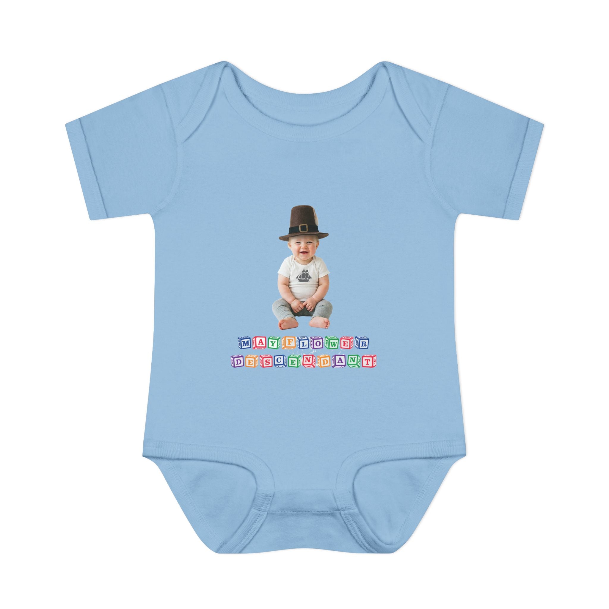 Mayflower Descendant Bodysuit for Baby Boys — Alphabet Blocks Motif