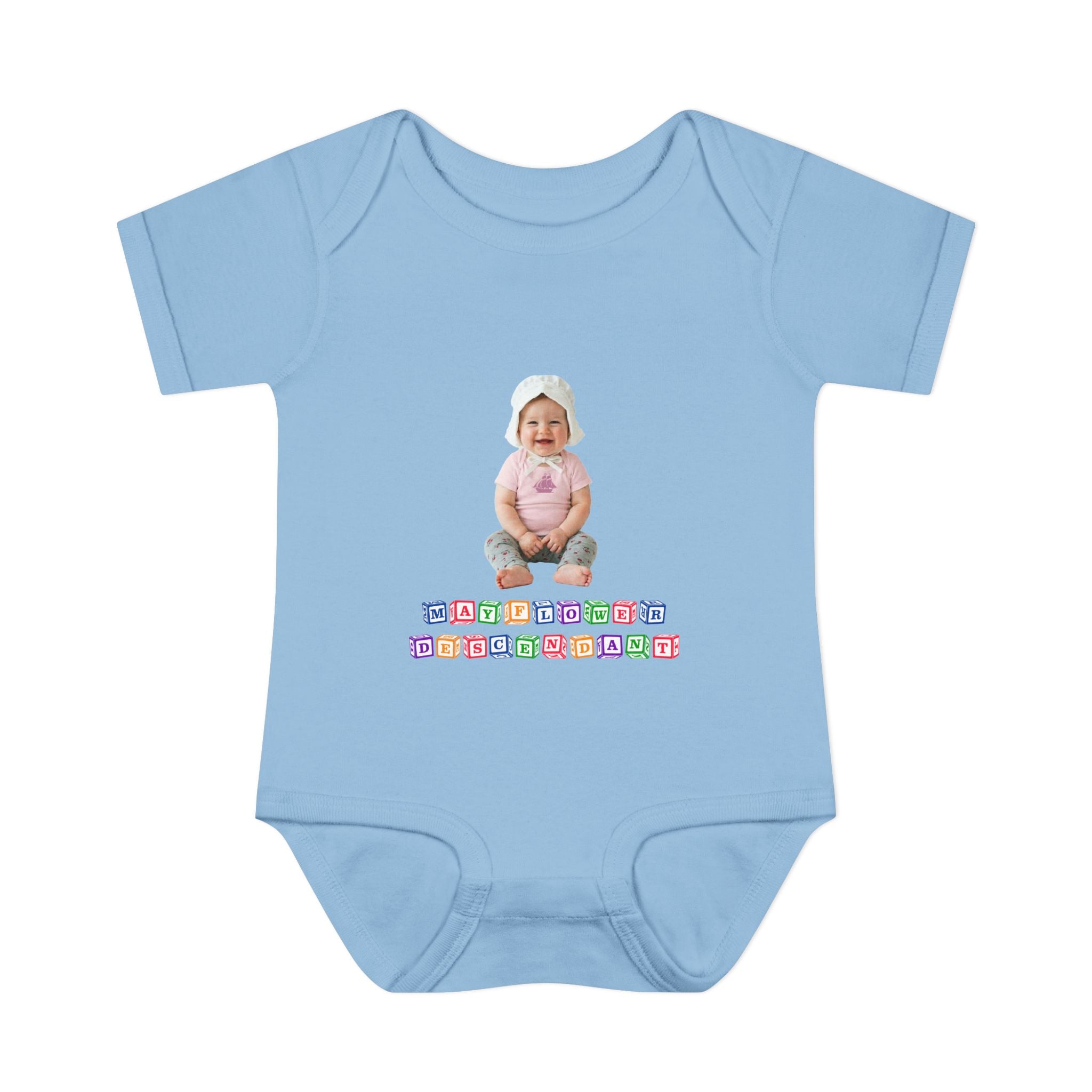 Mayflower Descendant Bodysuit for Baby Girls — Alphabet Blocks Motif