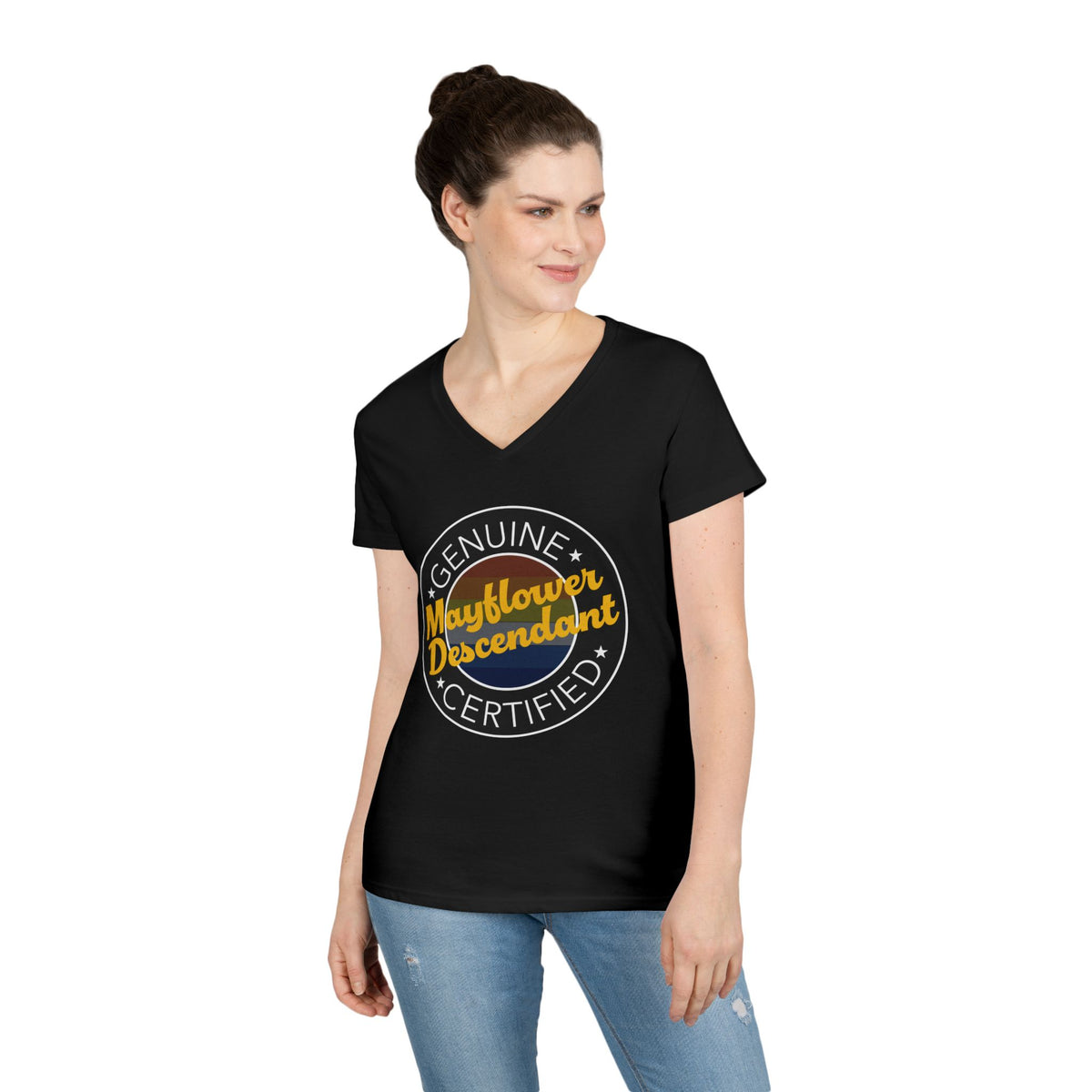 Ladies' V-Neck "Certified Mayflower Descendant " Tee