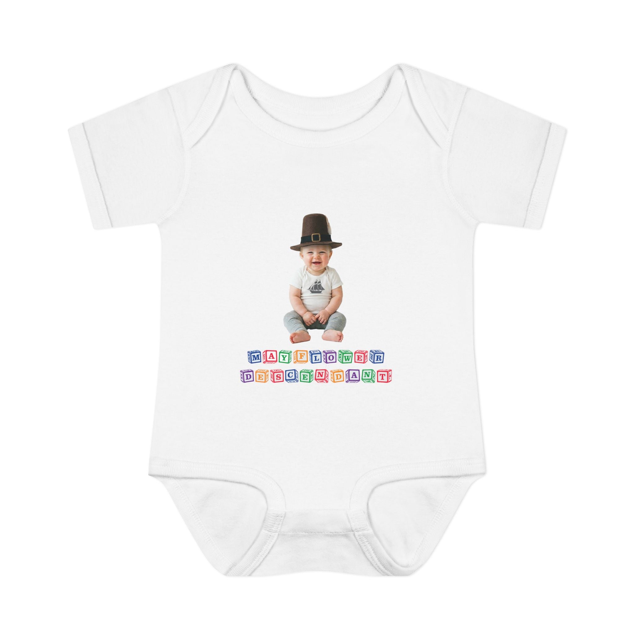 Mayflower Descendant Bodysuit for Baby Boys — Alphabet Blocks Motif