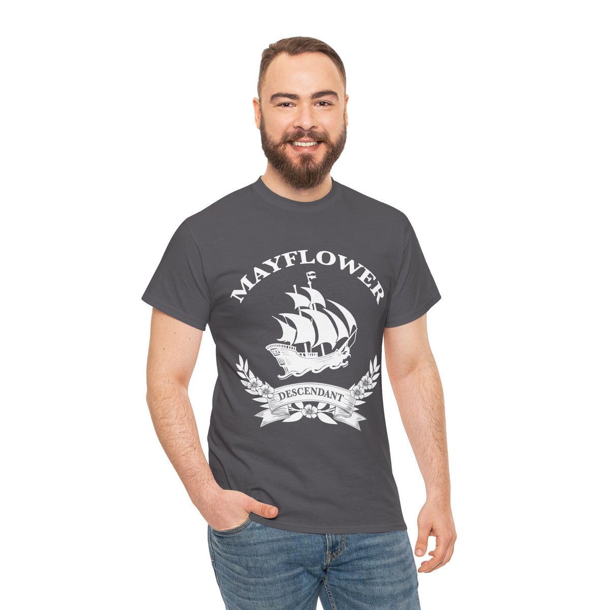 Mayflower Descendant Tee with Vintage Ship and Banner