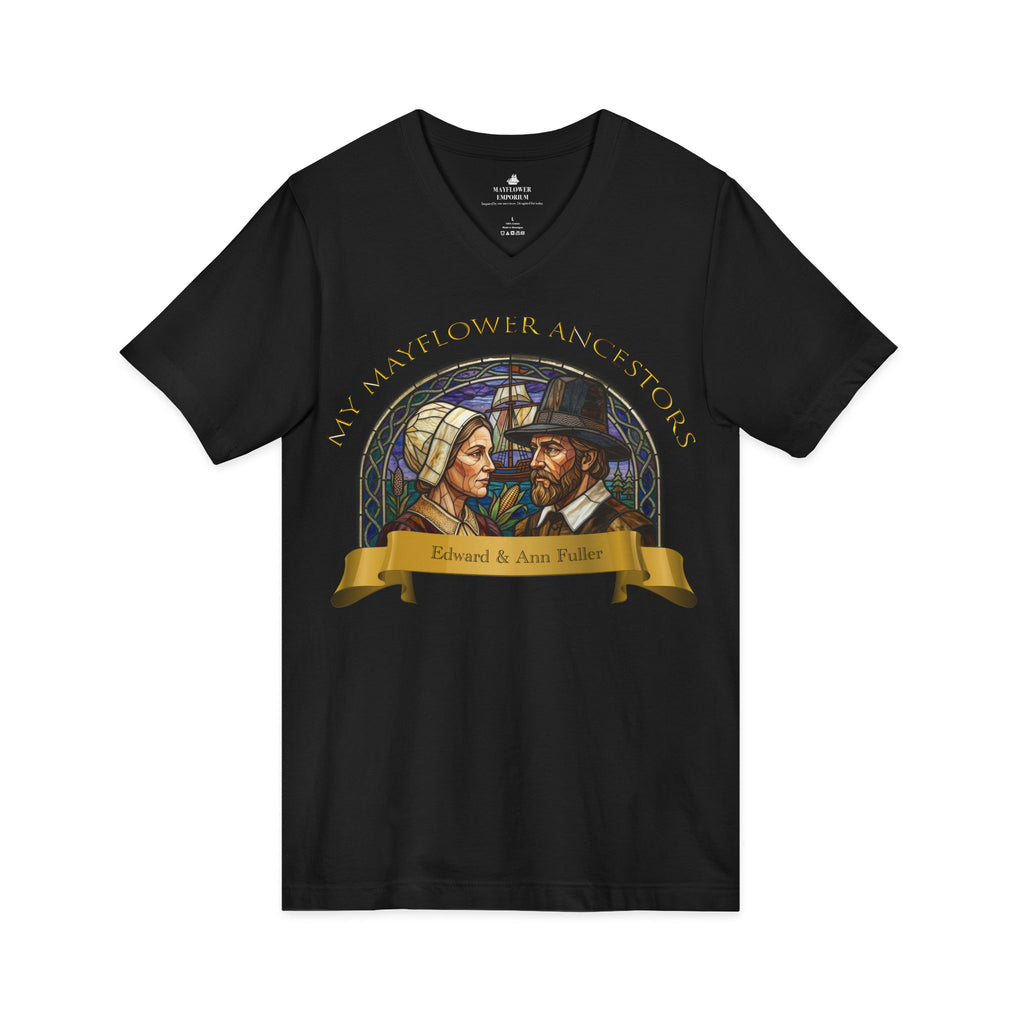 Mayflower Ancestors V-Neck Tee — Fuller Pilgrim Couple Shirt