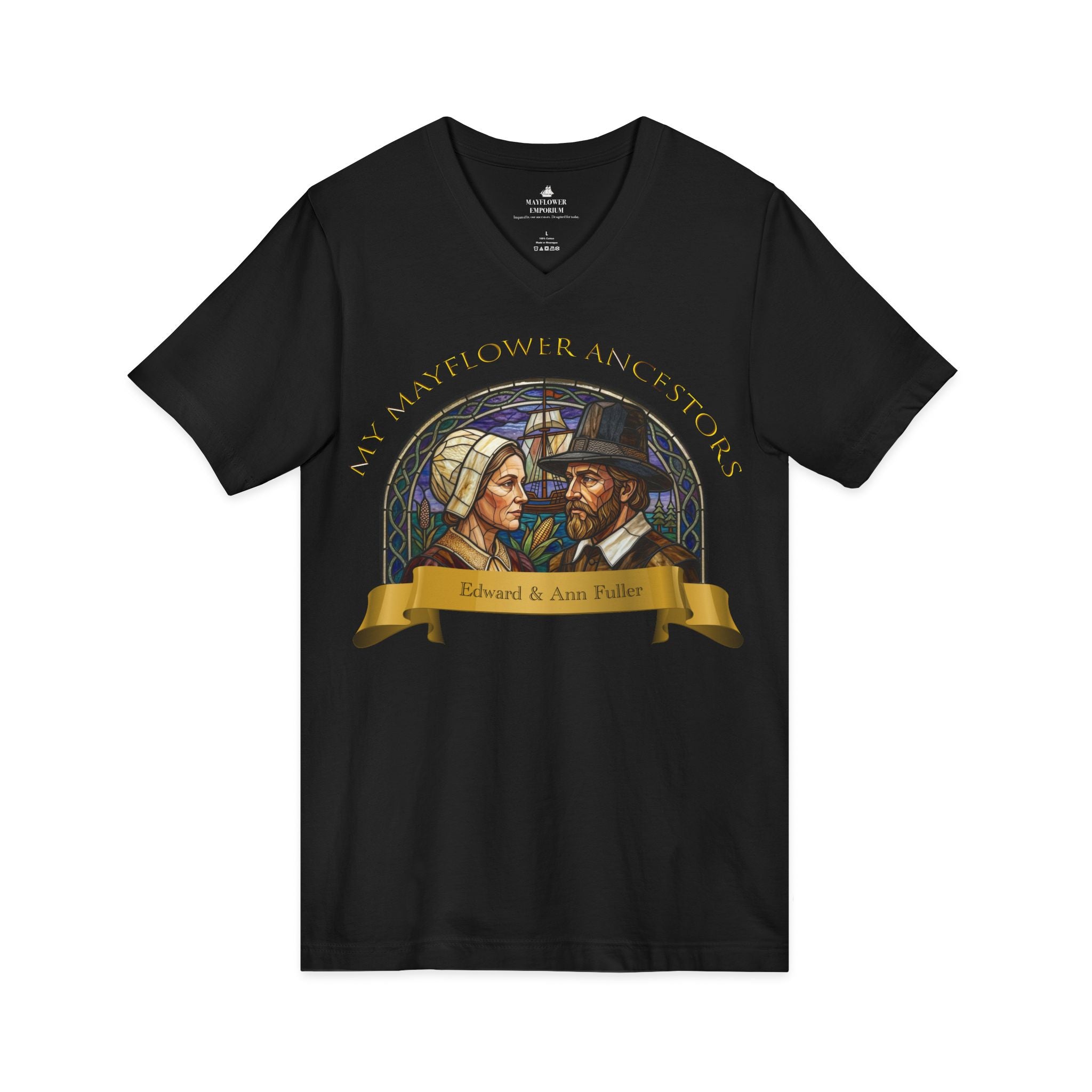 Mayflower Ancestors V-Neck Tee — Fuller Pilgrim Couple Shirt