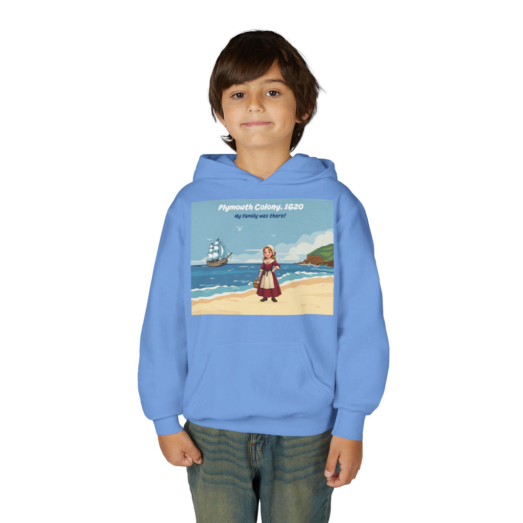 Youth Mayflower Descendant Hoodie - Pilgrim Girl Illustration