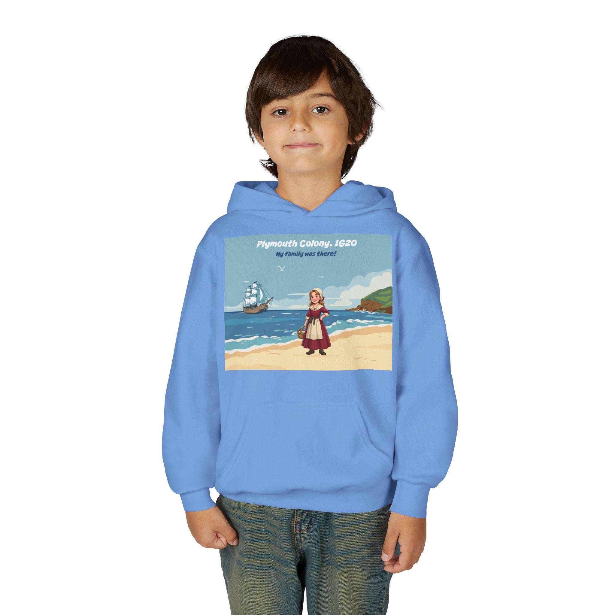 Youth Mayflower Descendant Hoodie - Pilgrim Girl Illustration