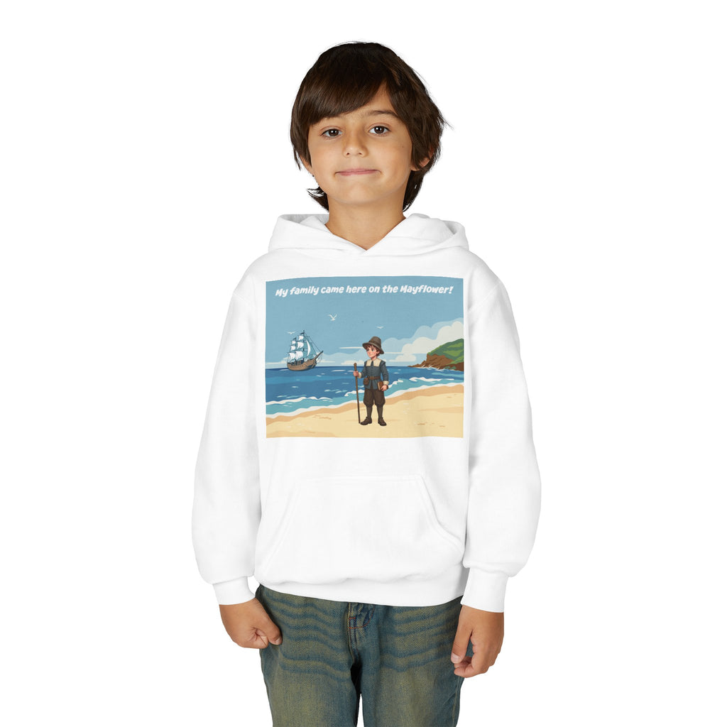 Youth Mayflower Descendant Hoodie - Pilgrim Boy Illustration