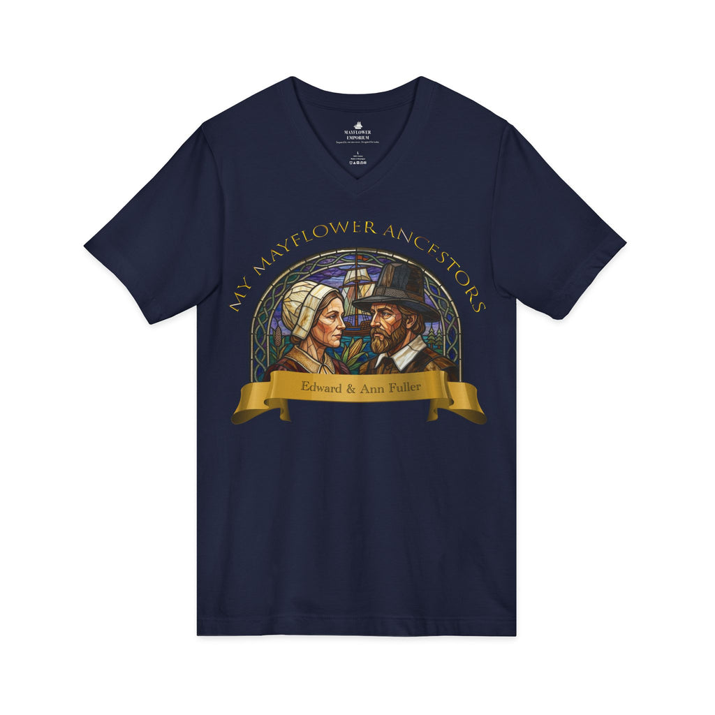 Mayflower Ancestors V-Neck Tee — Fuller Pilgrim Couple Shirt