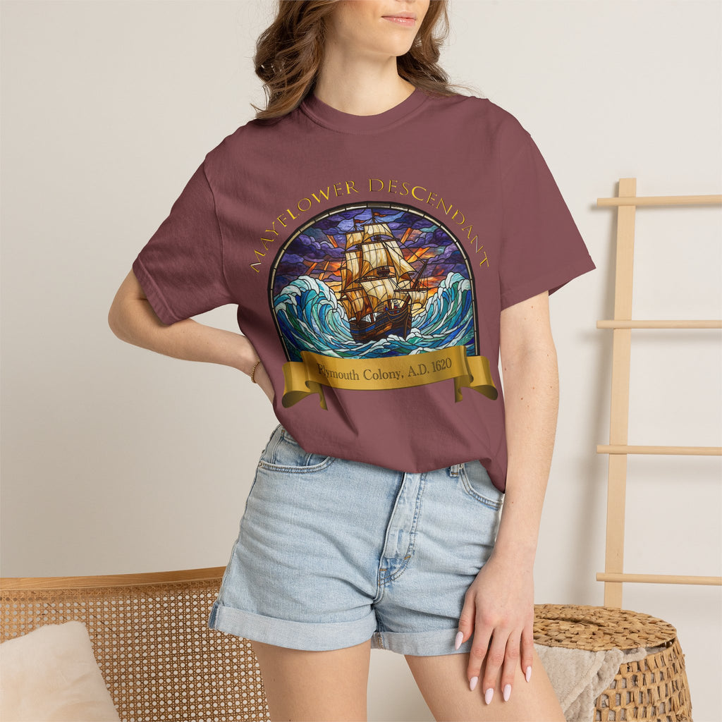 T-Shirt — "Mayflower Descendant: Plymouth Colony A.D. 1620" Vintage Ship Design