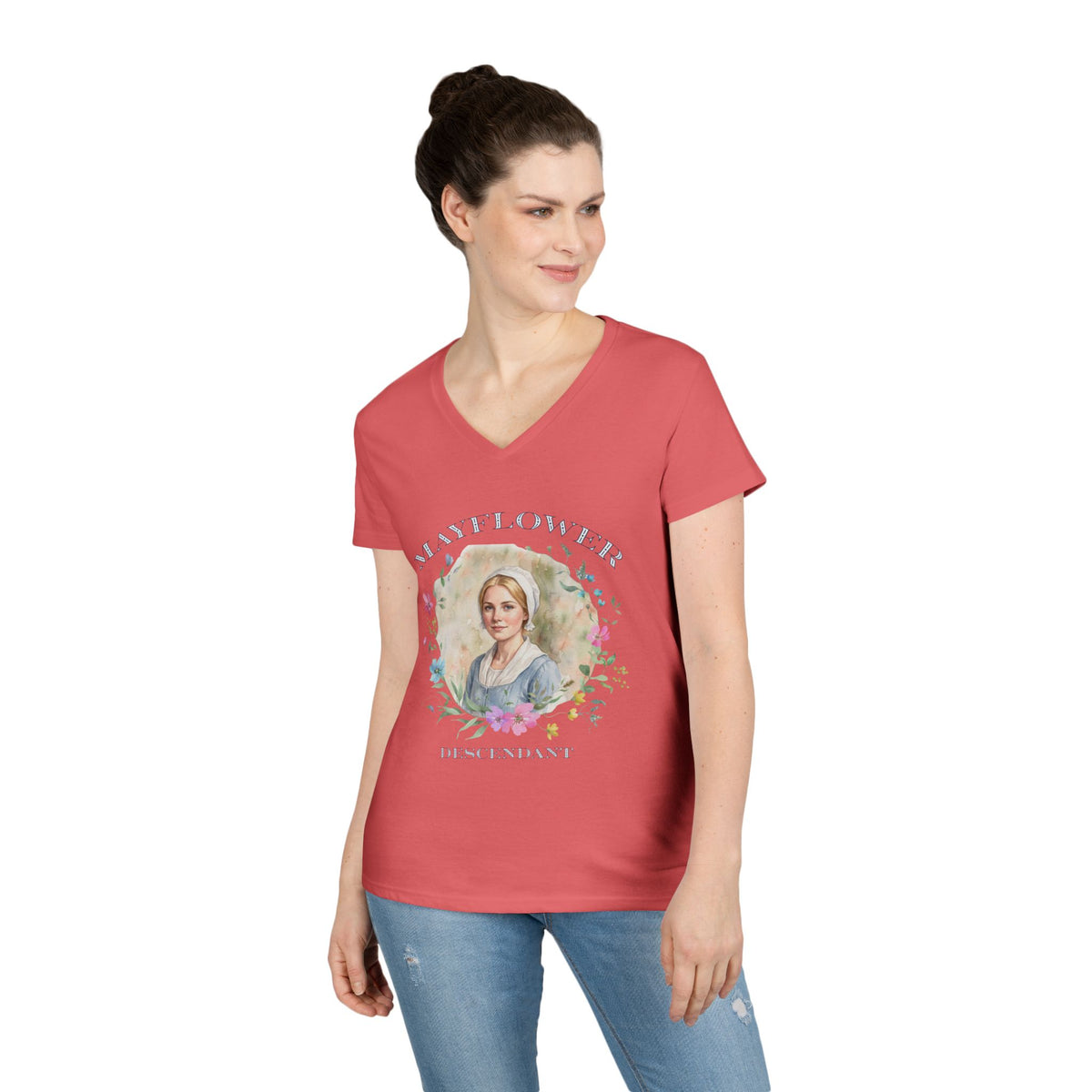 "Mayflower Maiden" Portrait V-Neck Tee - Extra Large Sizes