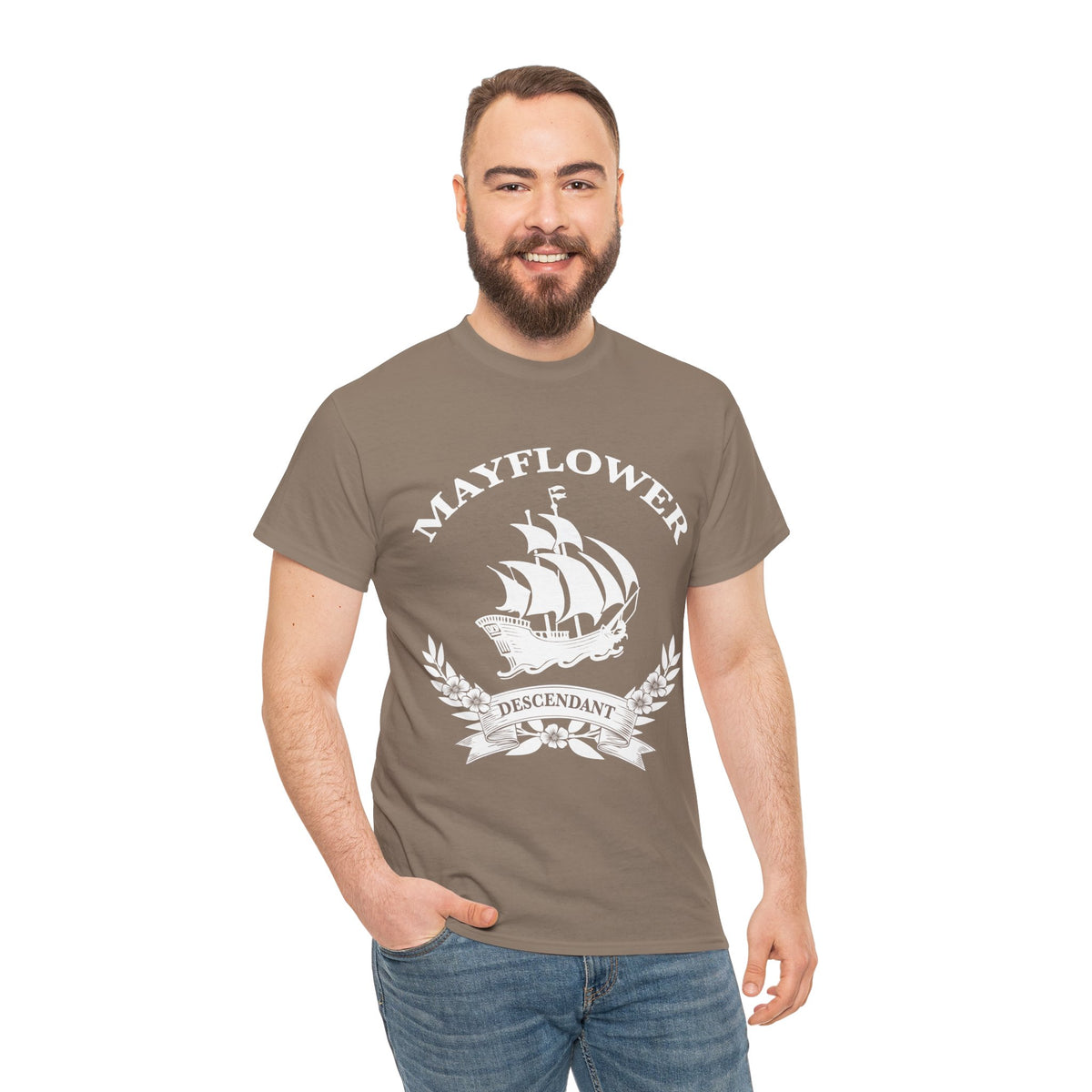 Mayflower Descendant Tee with Vintage Ship and Banner