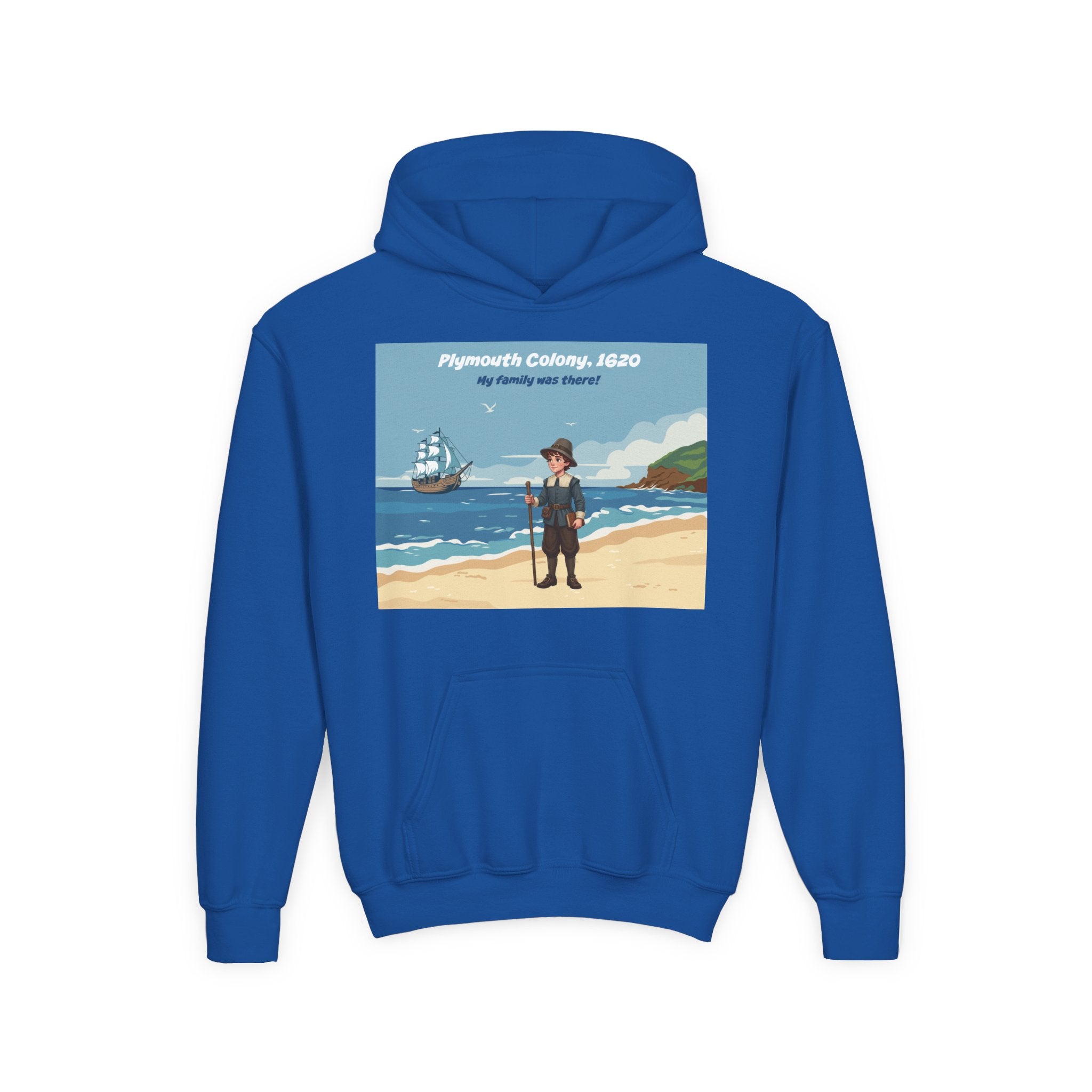 Youth Mayflower Descendant Hoodie - Pilgrim Boy Illustration