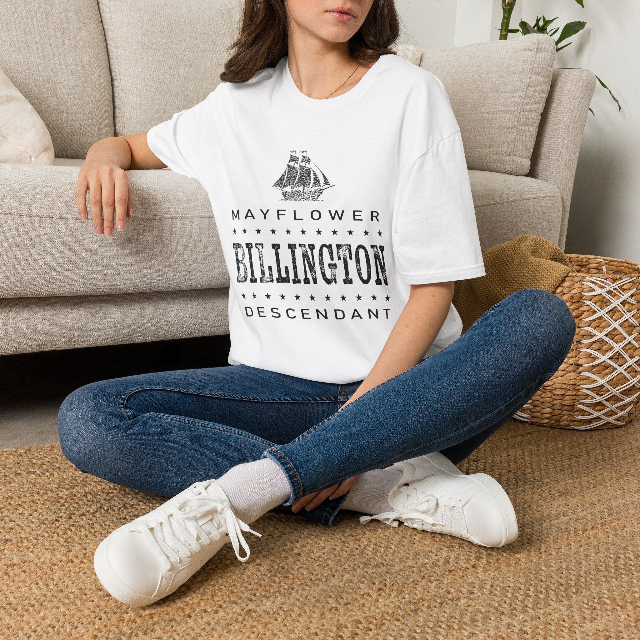 Mayflower Tee with Distressed Vintage Motif | Billington Lineage