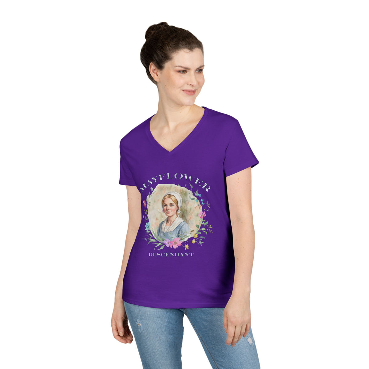 "Mayflower Maiden" Portrait V-Neck Tee - Extra Large Sizes
