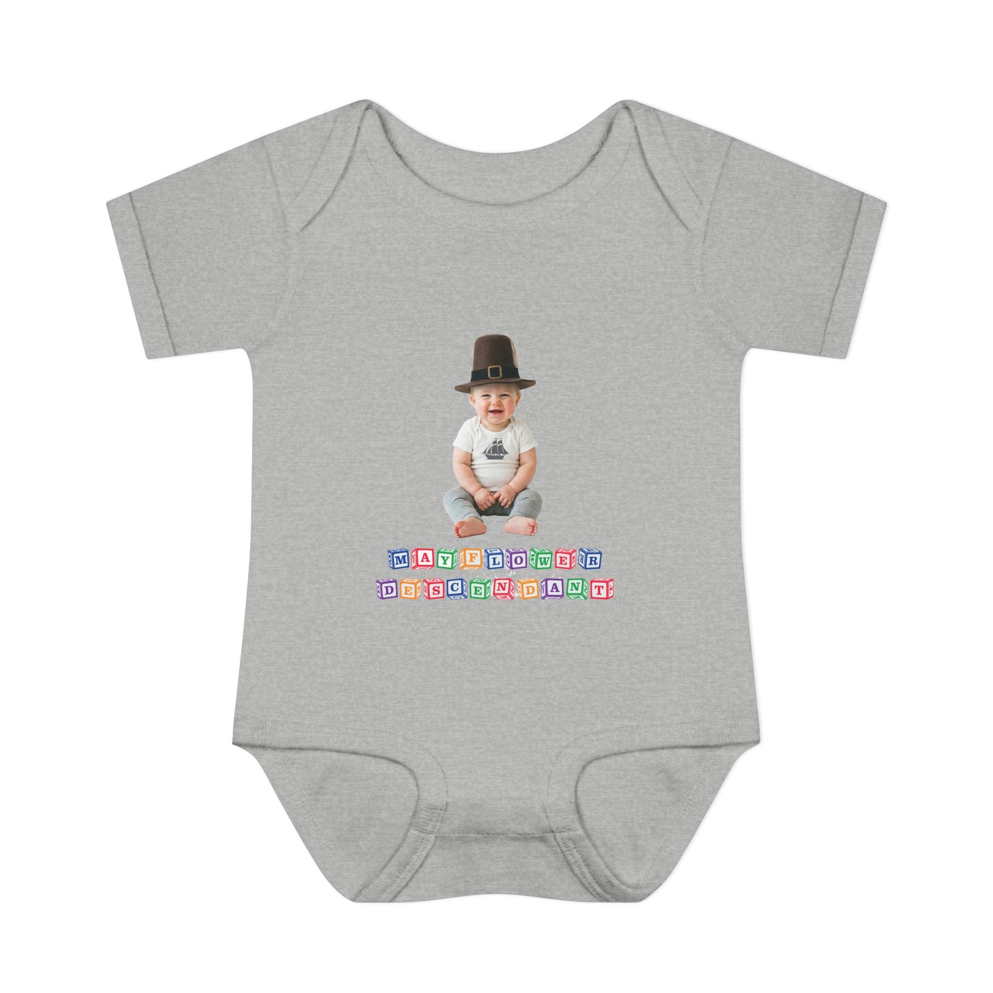 Mayflower Descendant Bodysuit for Baby Boys — Alphabet Blocks Motif