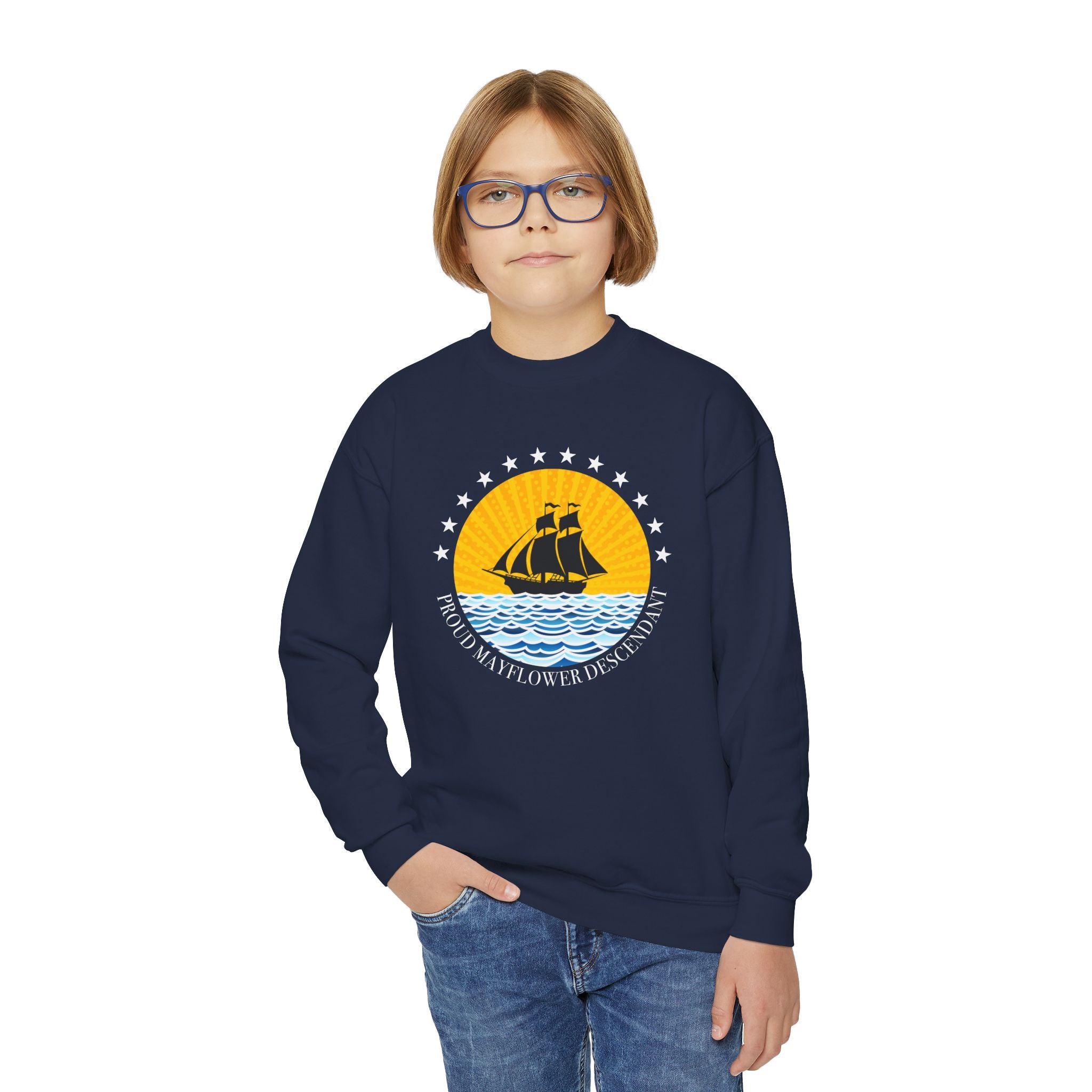 Youth Crewneck Sweatshirt — Proud Mayflower Descendant