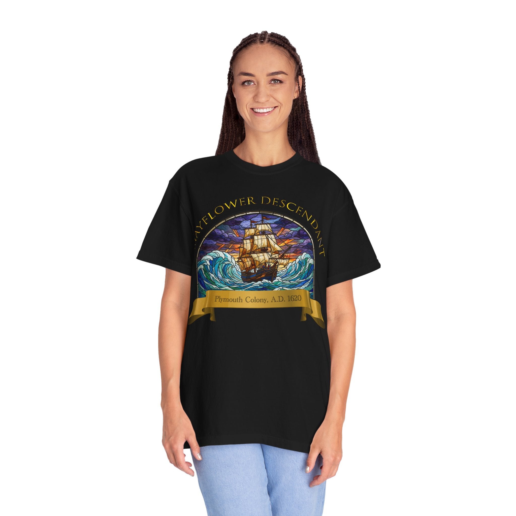 T-Shirt — "Mayflower Descendant: Plymouth Colony A.D. 1620" Vintage Ship Design
