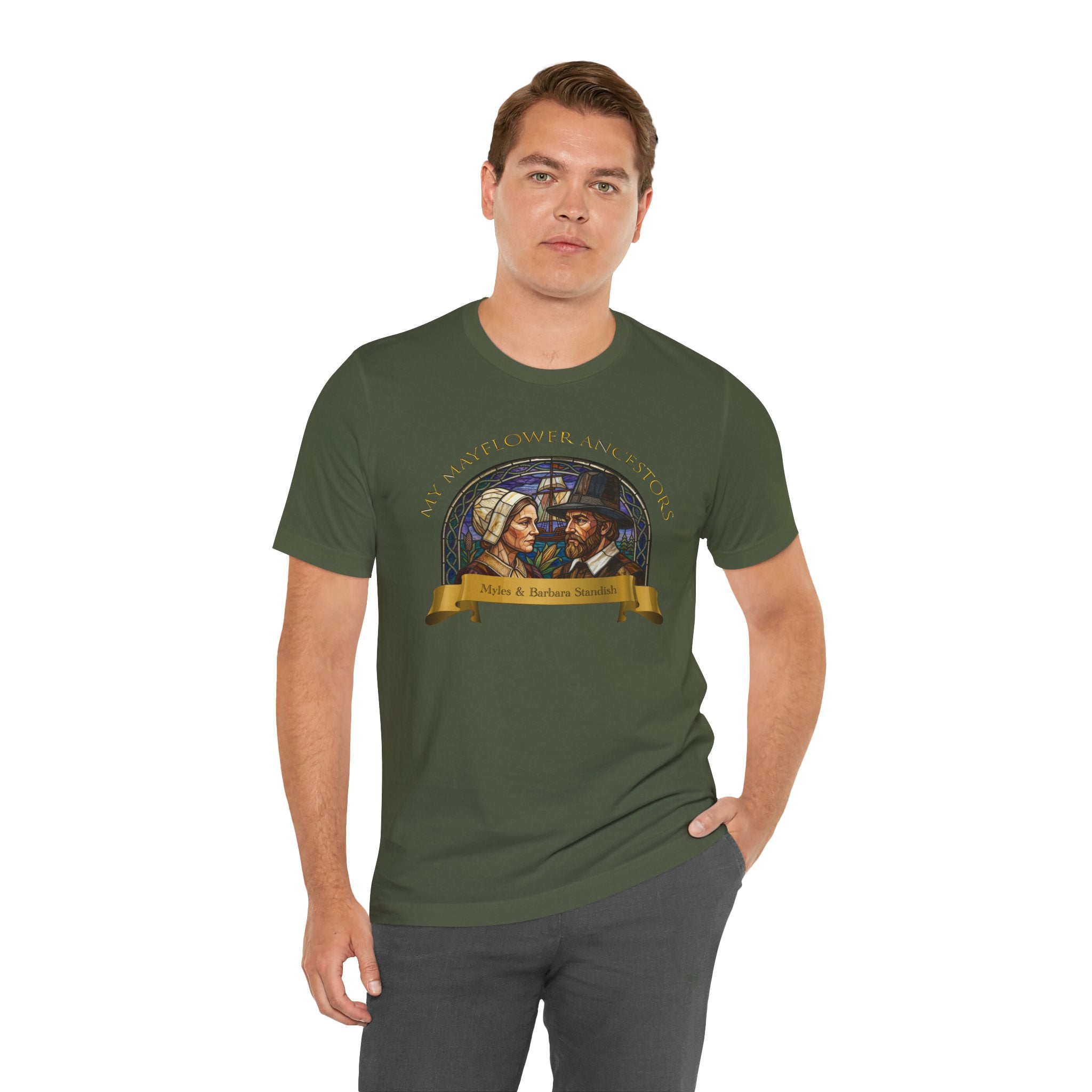Mayflower Pilgrim “Stained Glass” Tee — Myles and Barbara Standish