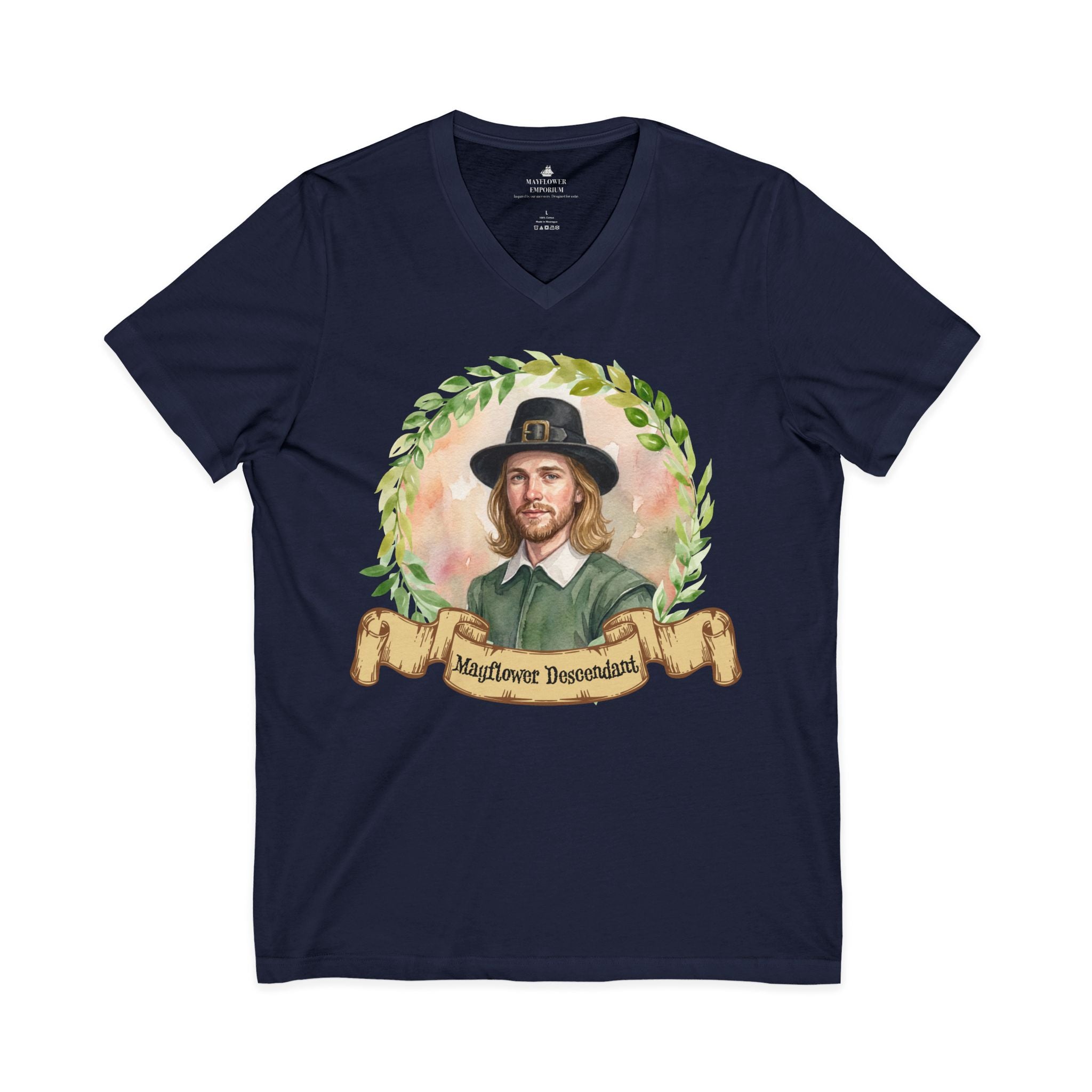 Young Mayflower Pilgrim Portrait V-Neck Tee