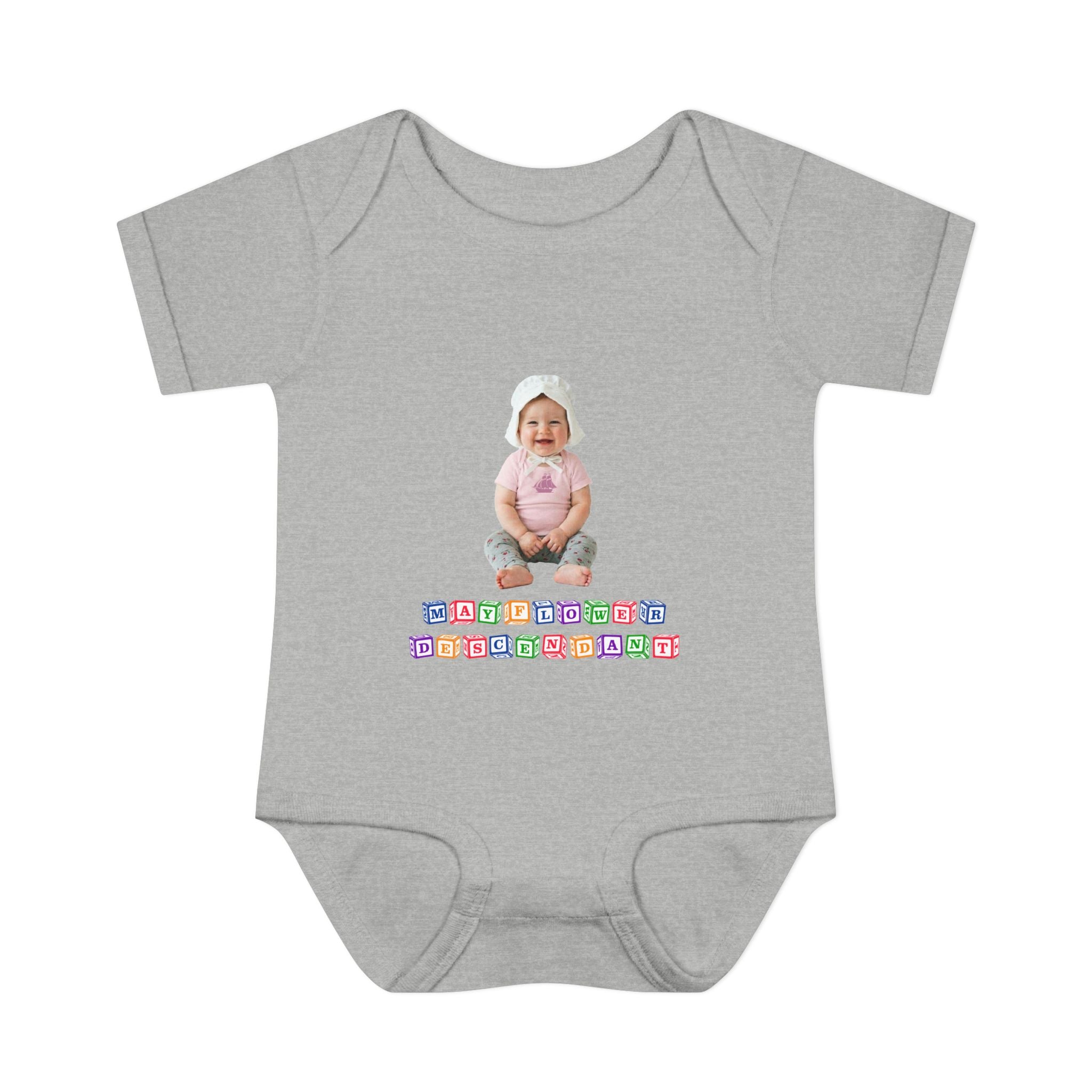 Mayflower Descendant Bodysuit for Baby Girls — Alphabet Blocks Motif