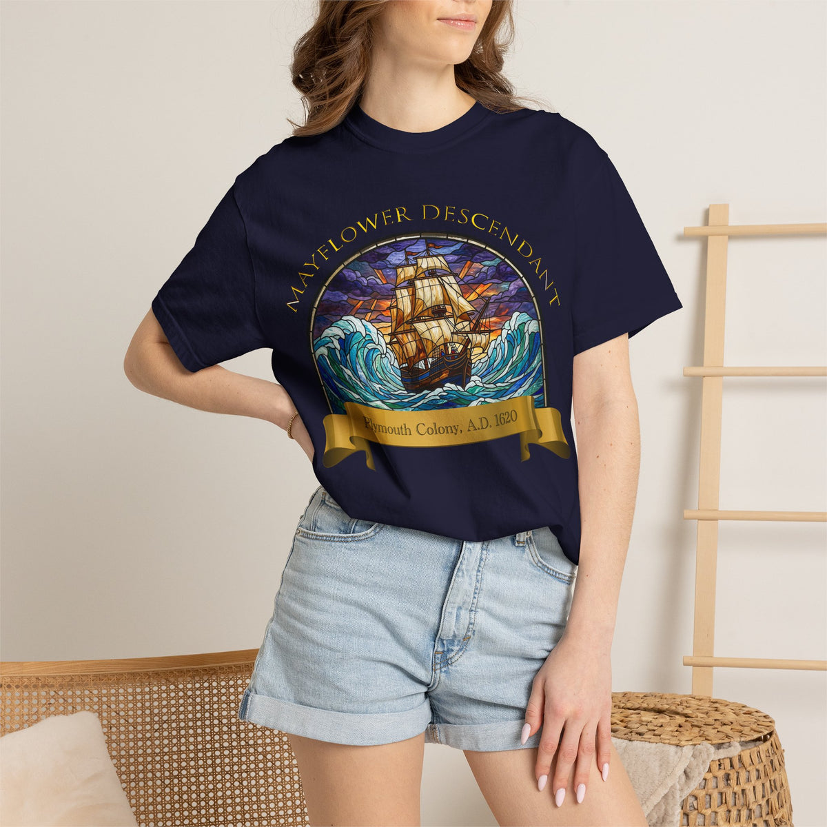 T-Shirt — "Mayflower Descendant: Plymouth Colony A.D. 1620" Vintage Ship Design