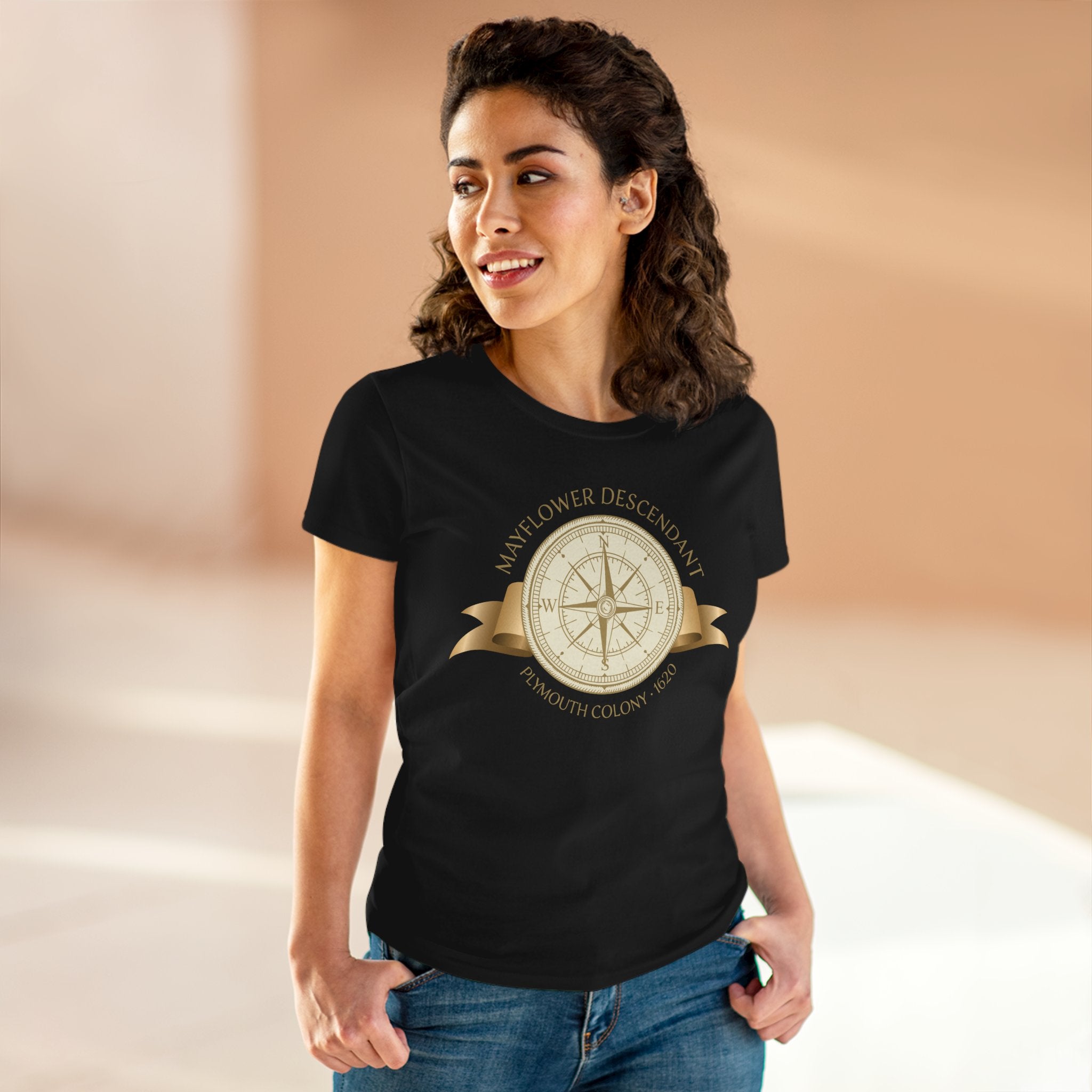 Mayflower Descendant Tee with Golden Compass Motif