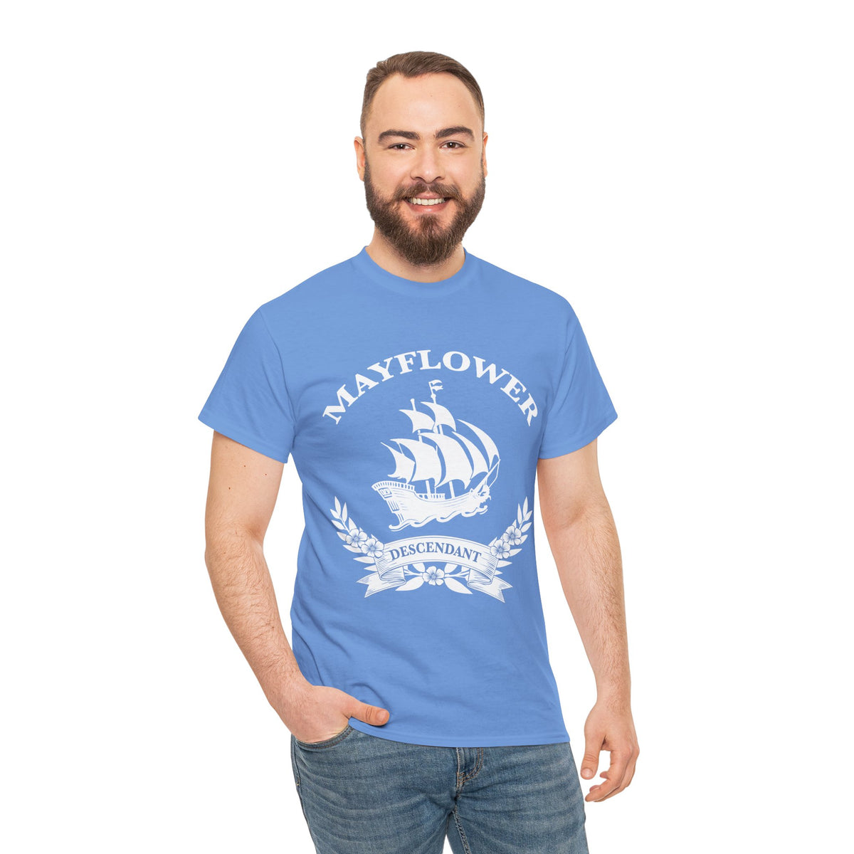 Mayflower Descendant Tee with Vintage Ship and Banner