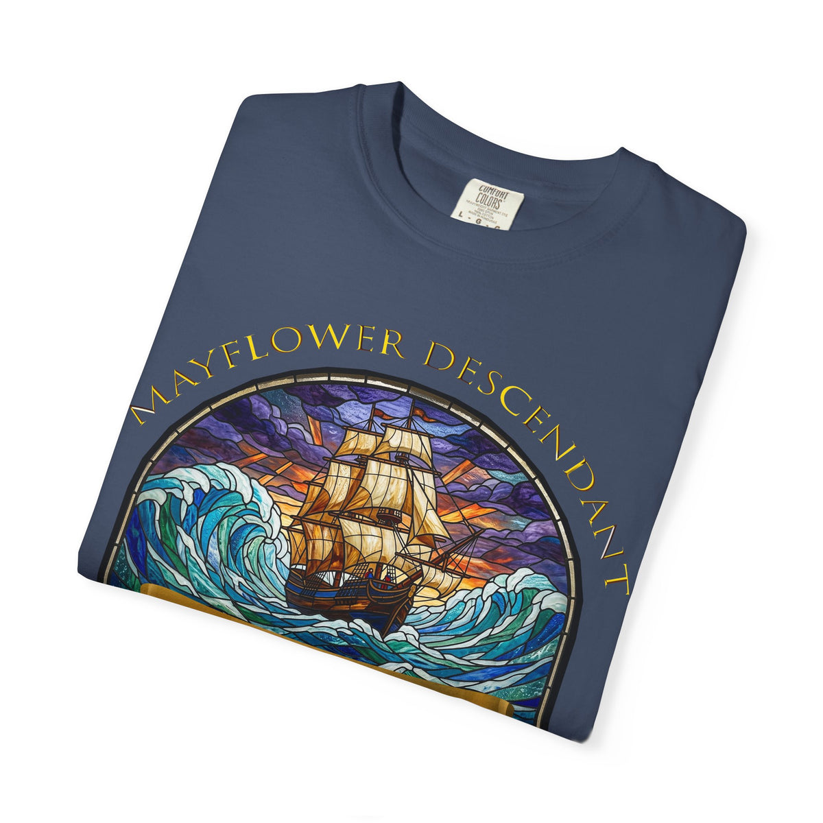 T-Shirt — "Mayflower Descendant: Plymouth Colony A.D. 1620" Vintage Ship Design