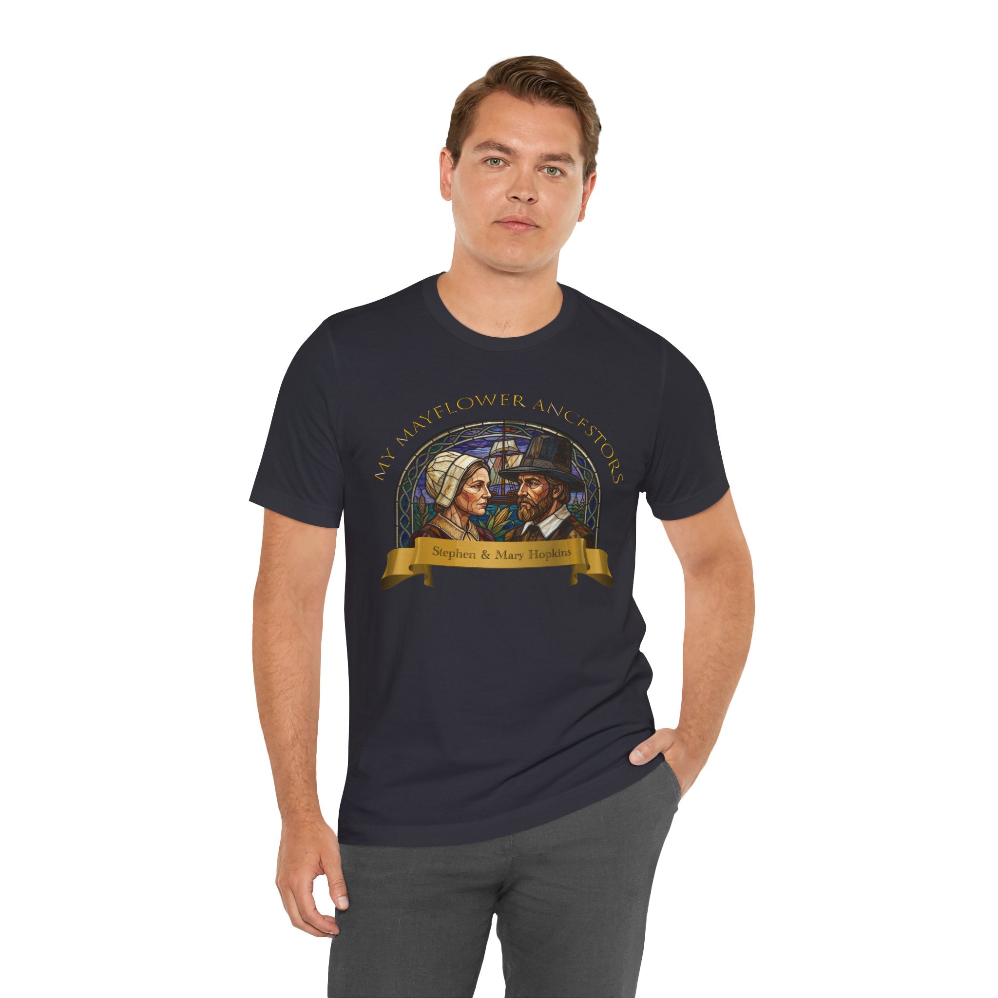 Mayflower Pilgrim “Stained Glass” Tee — Stephen and Mary Hopkins