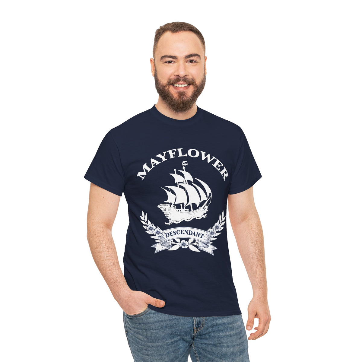 Mayflower Descendant Tee with Vintage Ship and Banner