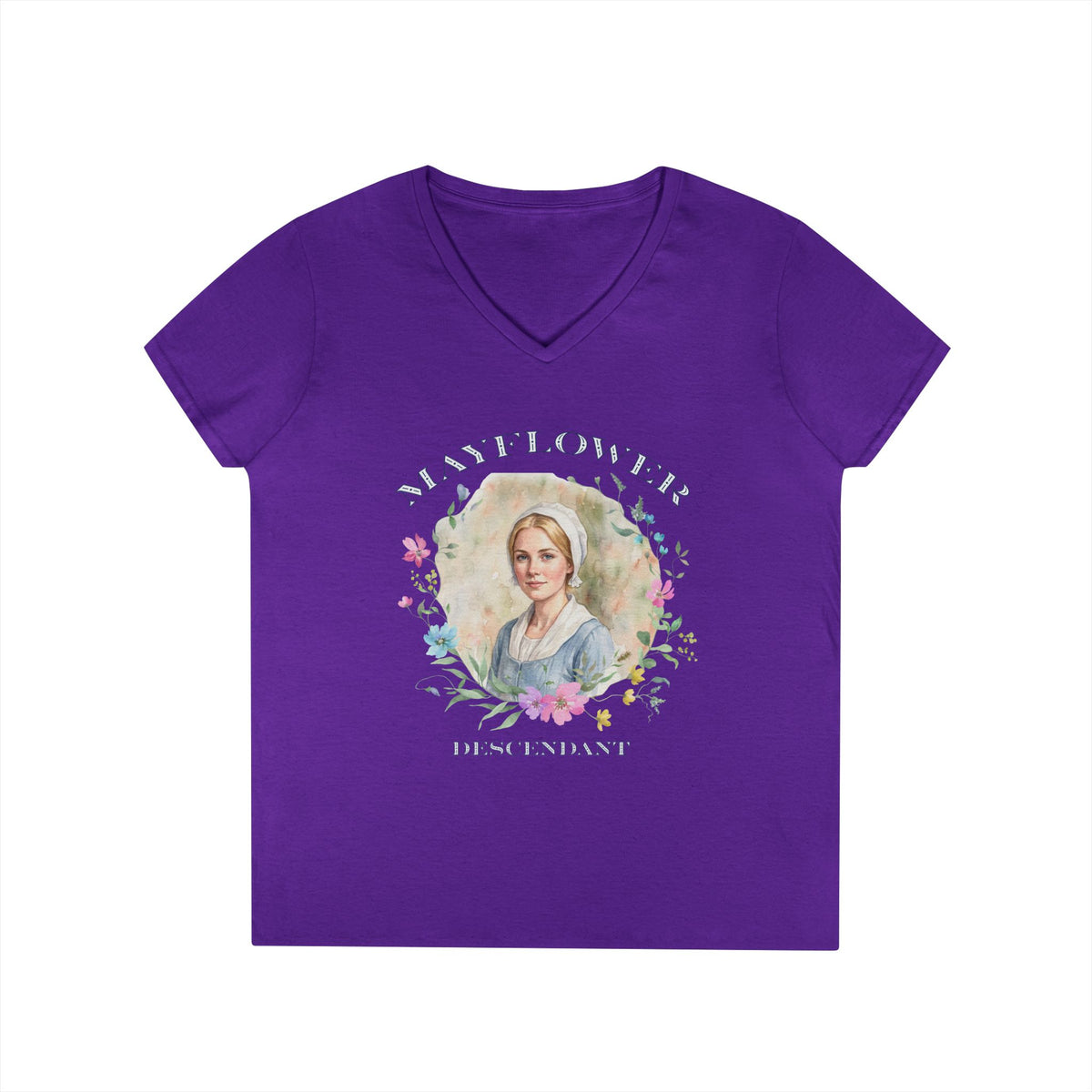 "Mayflower Maiden" Portrait V-Neck Tee - Extra Large Sizes