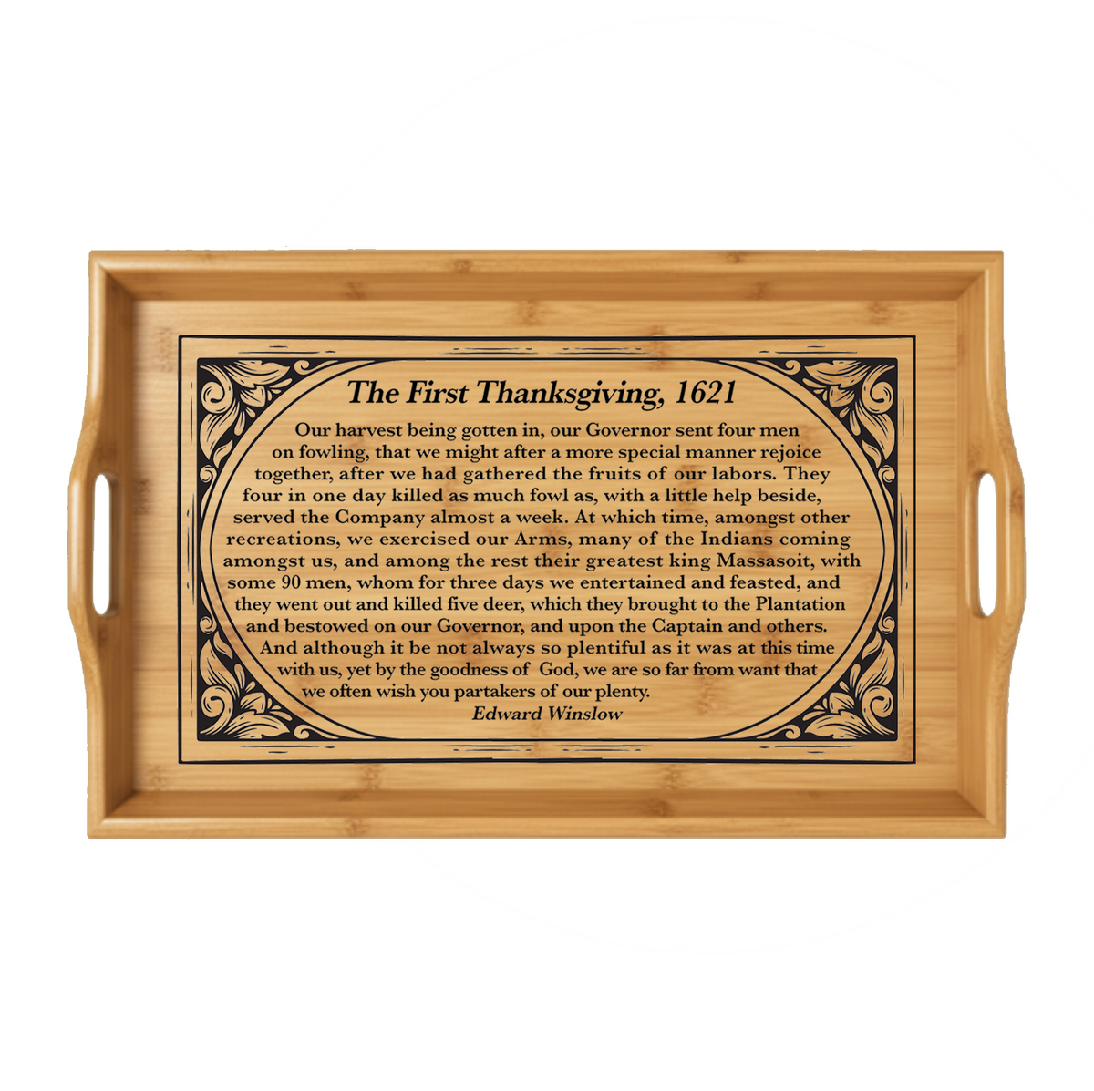 Engraved Bamboo Serving Tray — 'The First Thanksgiving, 1621' Decorative Hostess Tray