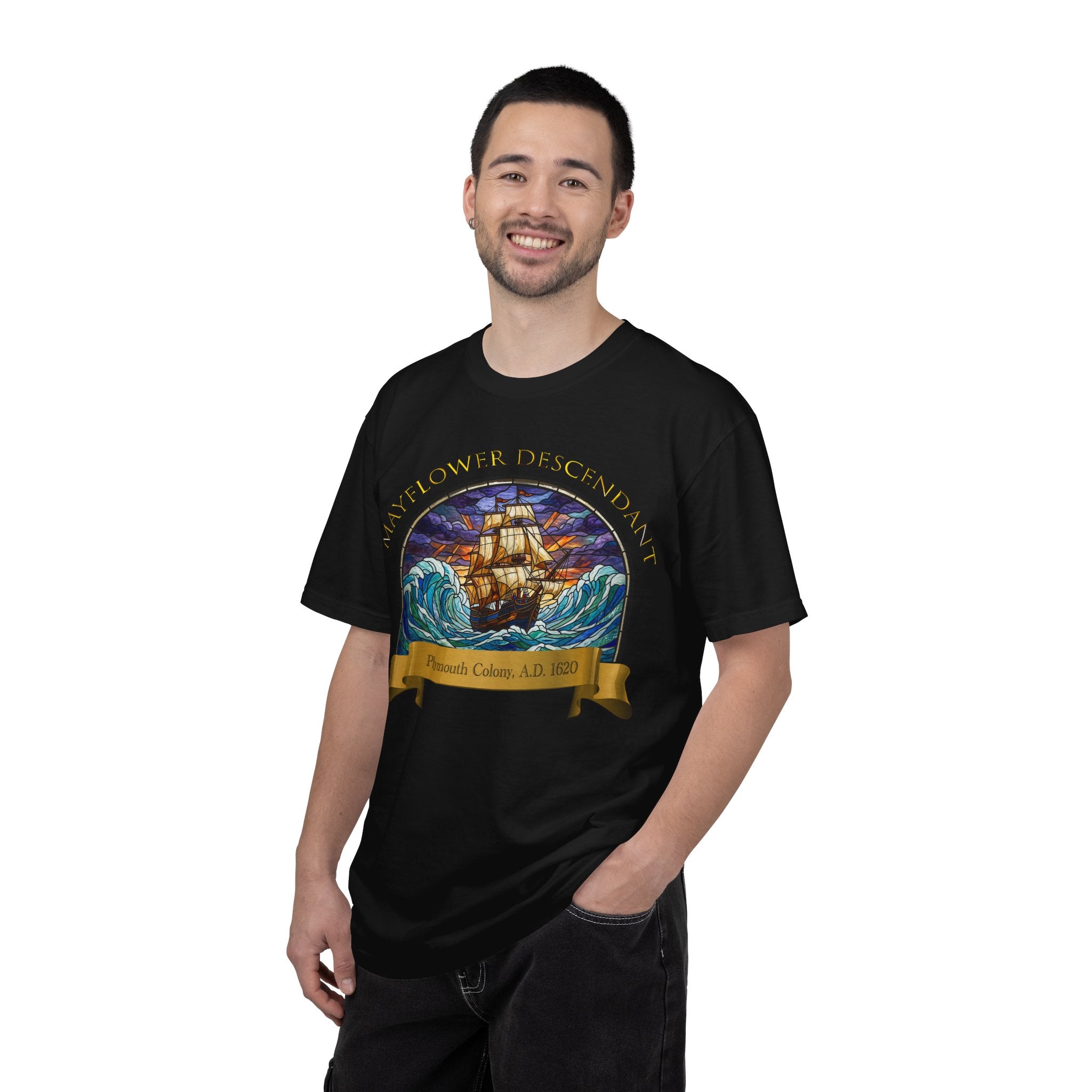 T-Shirt — "Mayflower Descendant: Plymouth Colony A.D. 1620" Vintage Ship Design