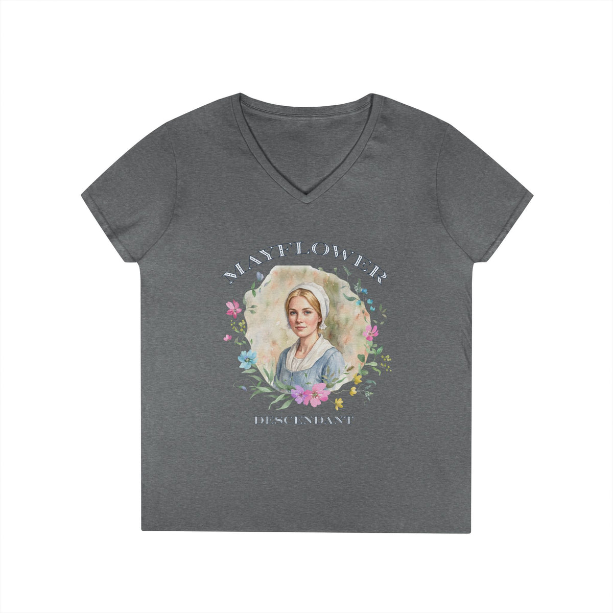 "Mayflower Maiden" Portrait V-Neck Tee - Extra Large Sizes