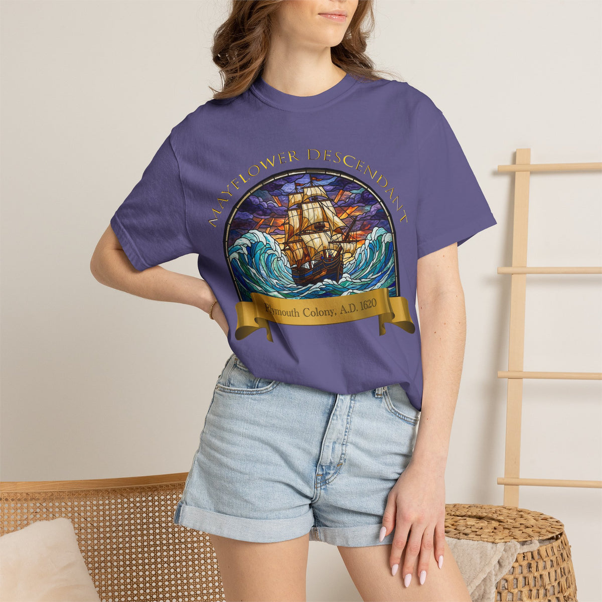 T-Shirt — "Mayflower Descendant: Plymouth Colony A.D. 1620" Vintage Ship Design